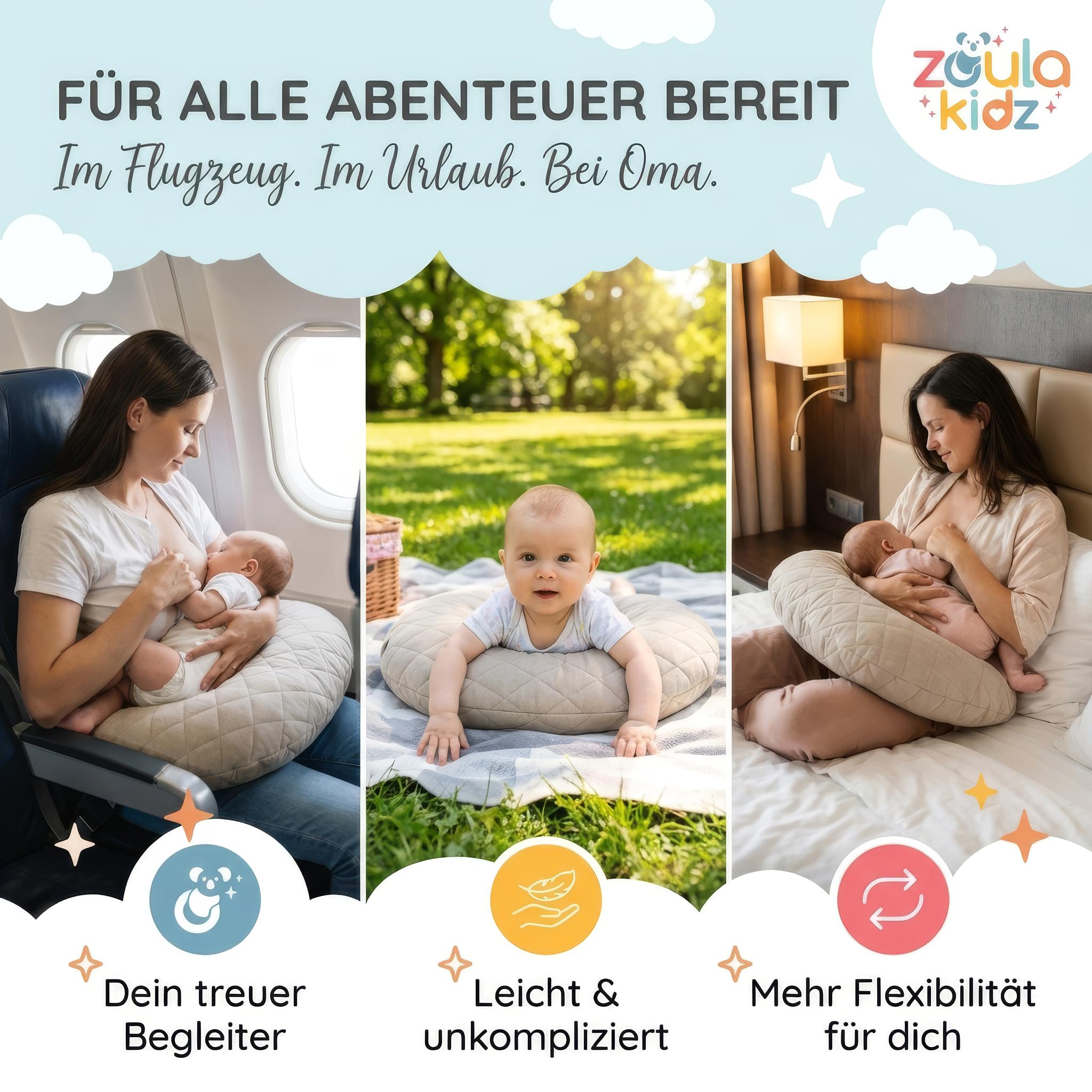 zoula kidz® Aufblasbares Stillkissen Klein - Stillmond Mondkissen Nursing Pillow für Reisen & Unterwegs - Stillhörnchen mit OEKO-TEX Baumwollbezug - flexible Festigkeit & Höhe, waschbar & atmungsaktiv