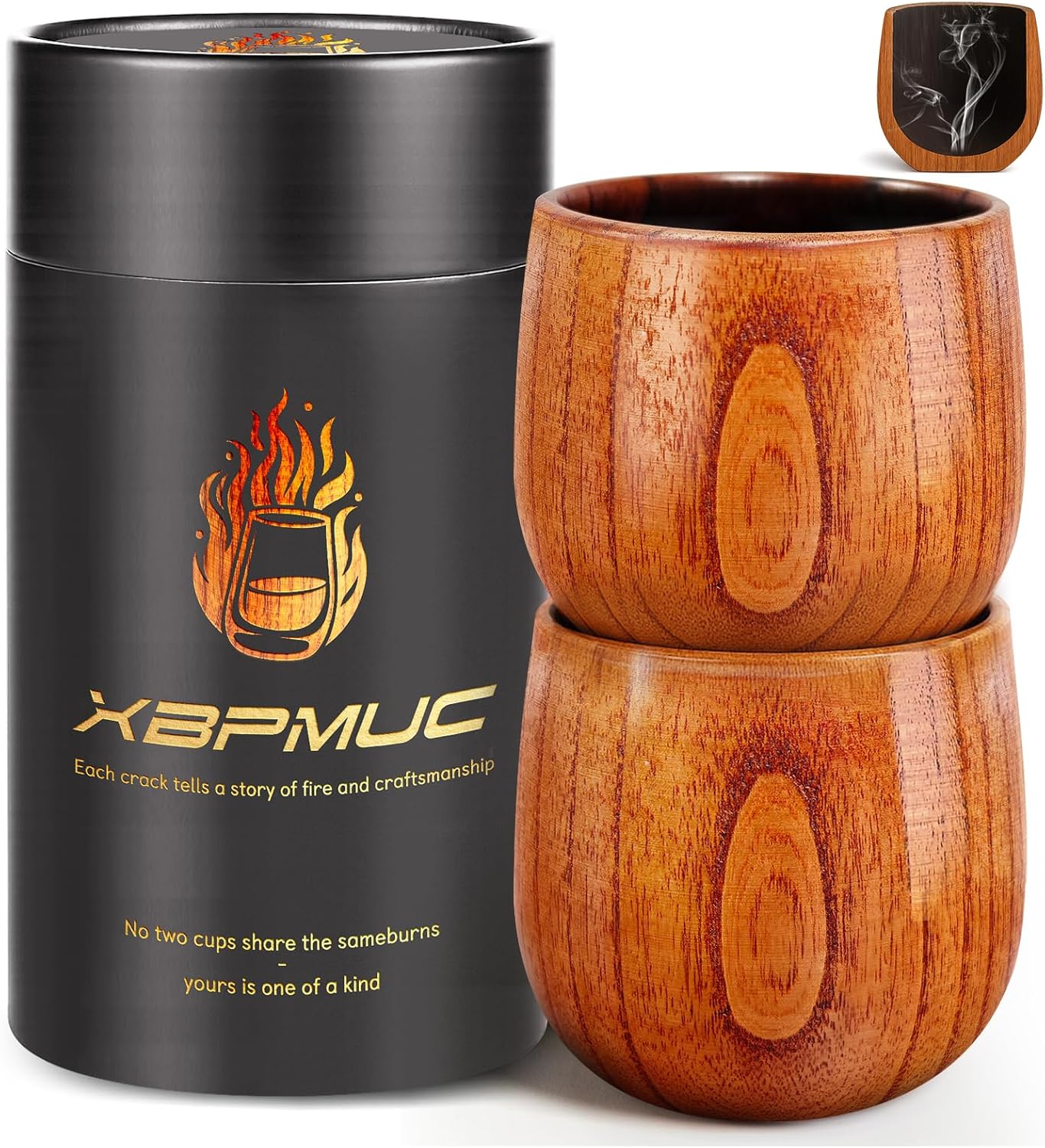 Charred Wooden Whiskey Glass - Bourbon Tumbler with Thickened Base - Old Fashioned Glass Set for Men - Ideal Gift for Dad, Brother (Handmade, Splinter-Free)