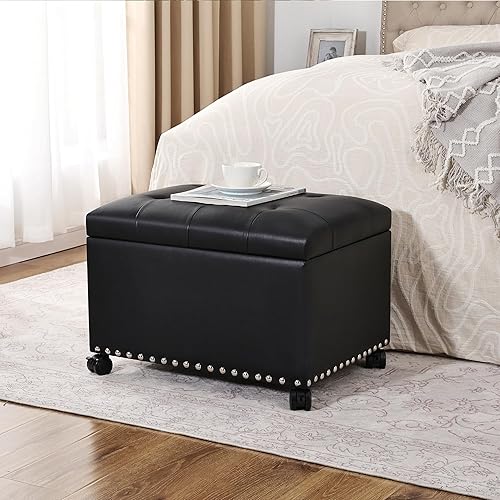 Miniatura 46 de Taburete otomano rectangular de cuero de 24 pulgadas con ribete de cabeza de clavo, cofres de juguetes y organizador de almacenamiento para Negro