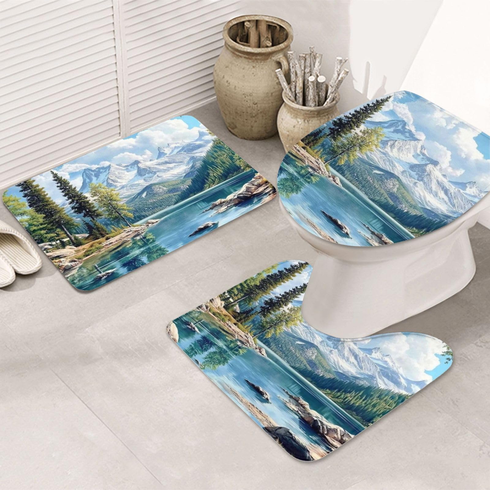 Alfombrilla de baño antideslizante lavable a máquina de 3 piezas de bosque