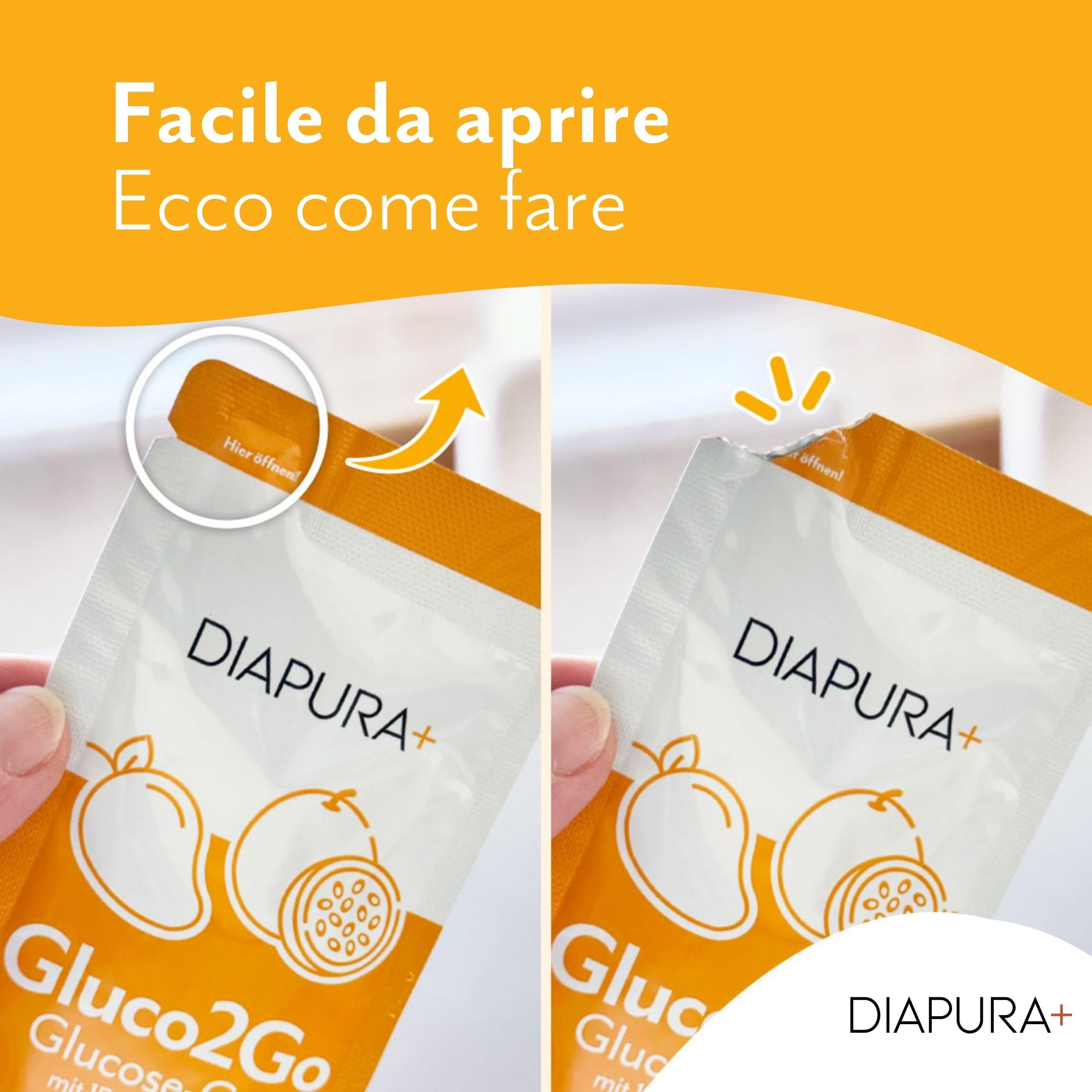Gluco2Go Gel di glucosio, 15 g di glucosio per porzione, 12 x 30 ml | Glucosio liquido, pronto all'uso, bustine monodose, regola 15-15 per l'ipoglicemia, gusto Mango-Maracuja, Made in Germany