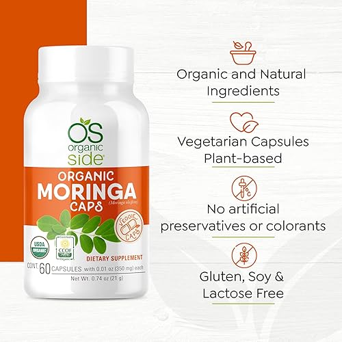 Miniatura 4 de OS Organic Side - Moringa orgánica 60 cápsulas - Superalimento denso en nutrientes - Certificado USDA - Sin OMG - Vegano