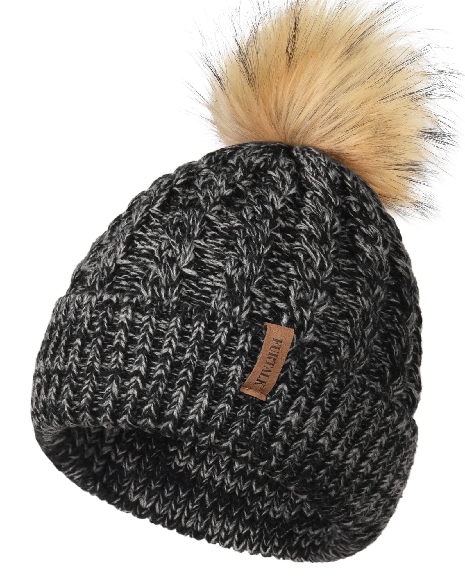 FURTALK Beanie Hat for Women Men Cable Knitted Bobble Winter Hats Warm Double Layer Fleece Lining Pom Pom Wooly Cap