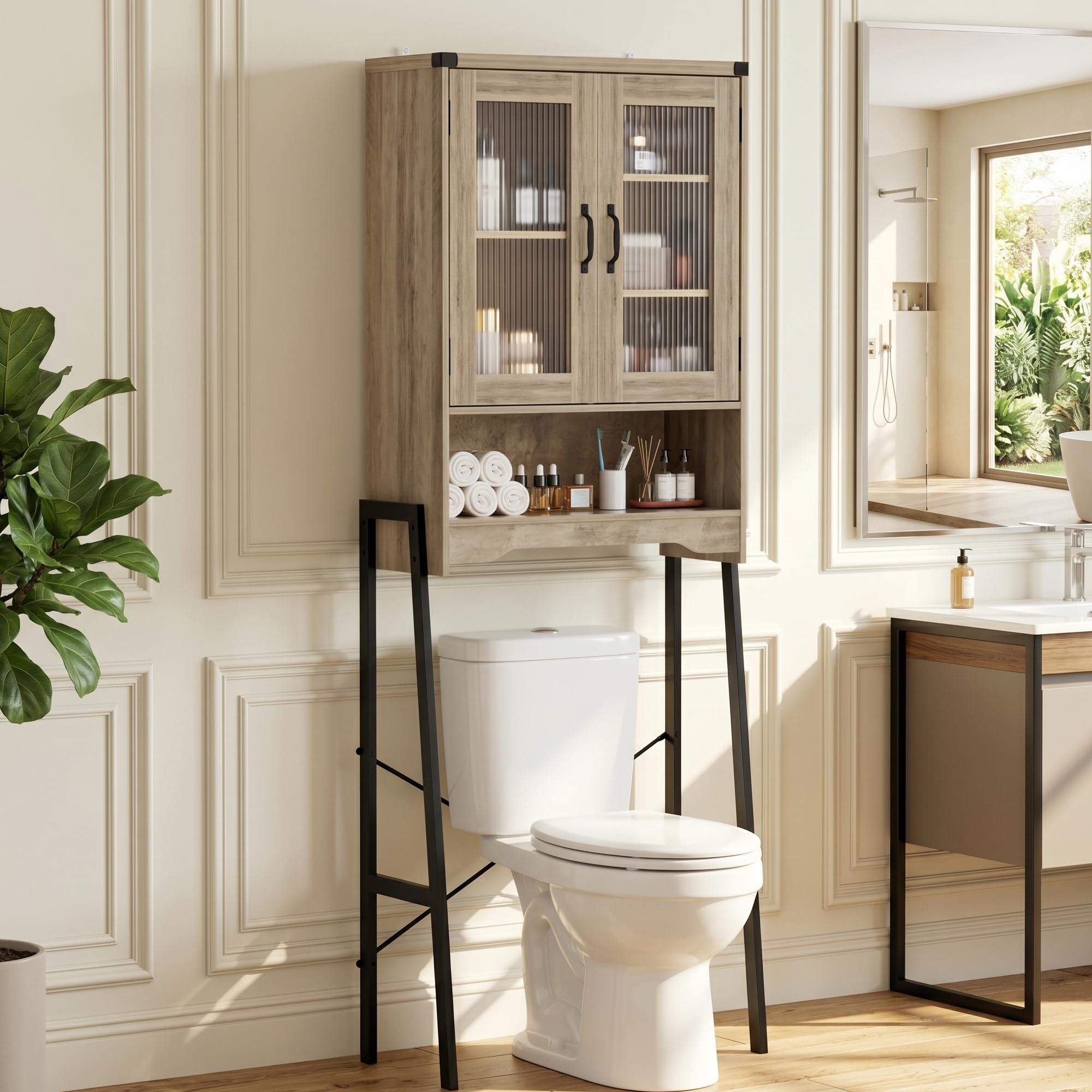 BonVache Over Toilet Storage Unit with 6 Storage Compartments, Toilet storage with Clear Doors and Adjustable Shelf, Tall Freestanding Rack for Bathroom & Laundry Room, Grey