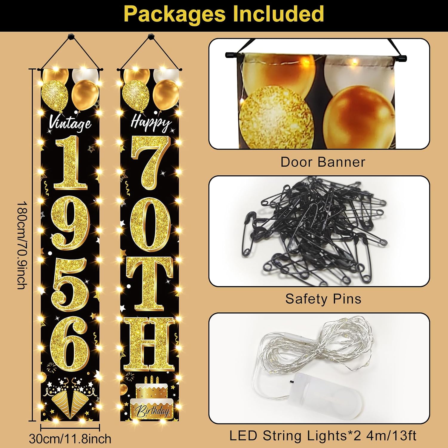 70th Birthday Decorations Vintage 1956 Lighted Door Banner for Men Women image 2