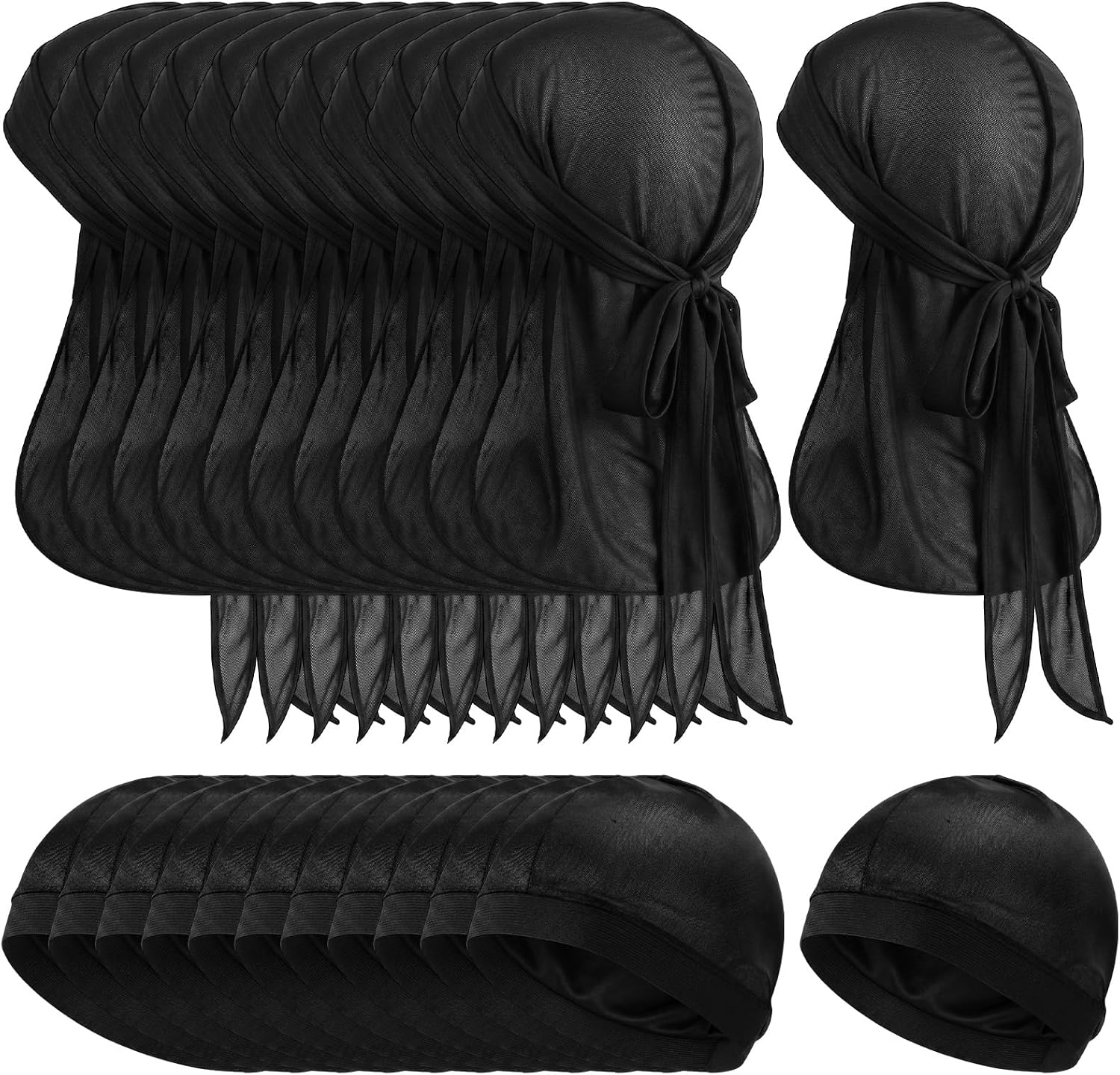 Unittype 24 Pieces Silky Durags Pack for Women Men Includes 12 Satin Durags Long Tail Headwraps with 12 Elastic Wave Caps for Men Women Black