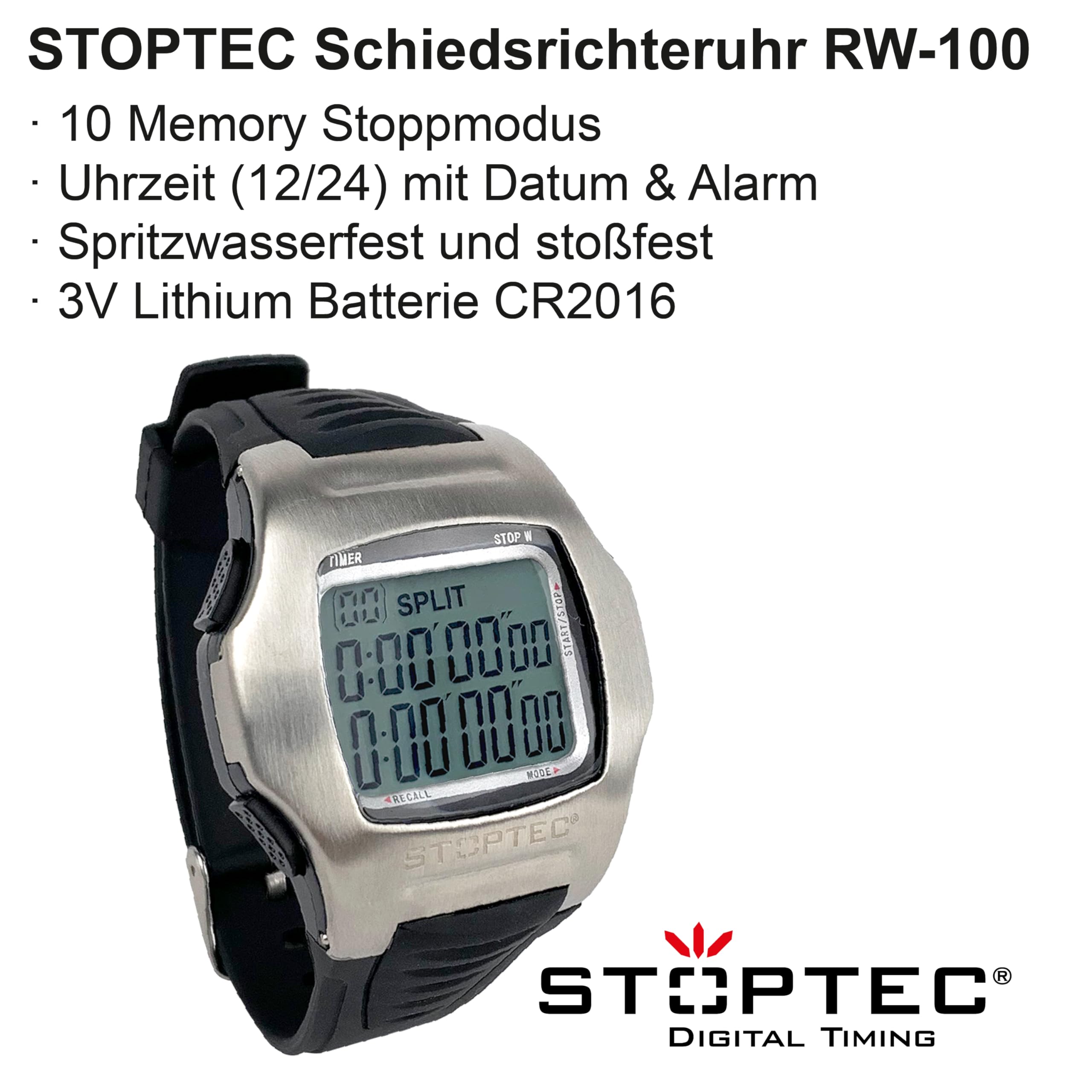 Stoptec Schiedsrichteruhr RW-100 | Referee Watch | 1-99 Minuten Spielzeit | Spielzeit-Unterbrechung | Uhr Modus & Alarm | Stoppfunktion | 10 Memory
