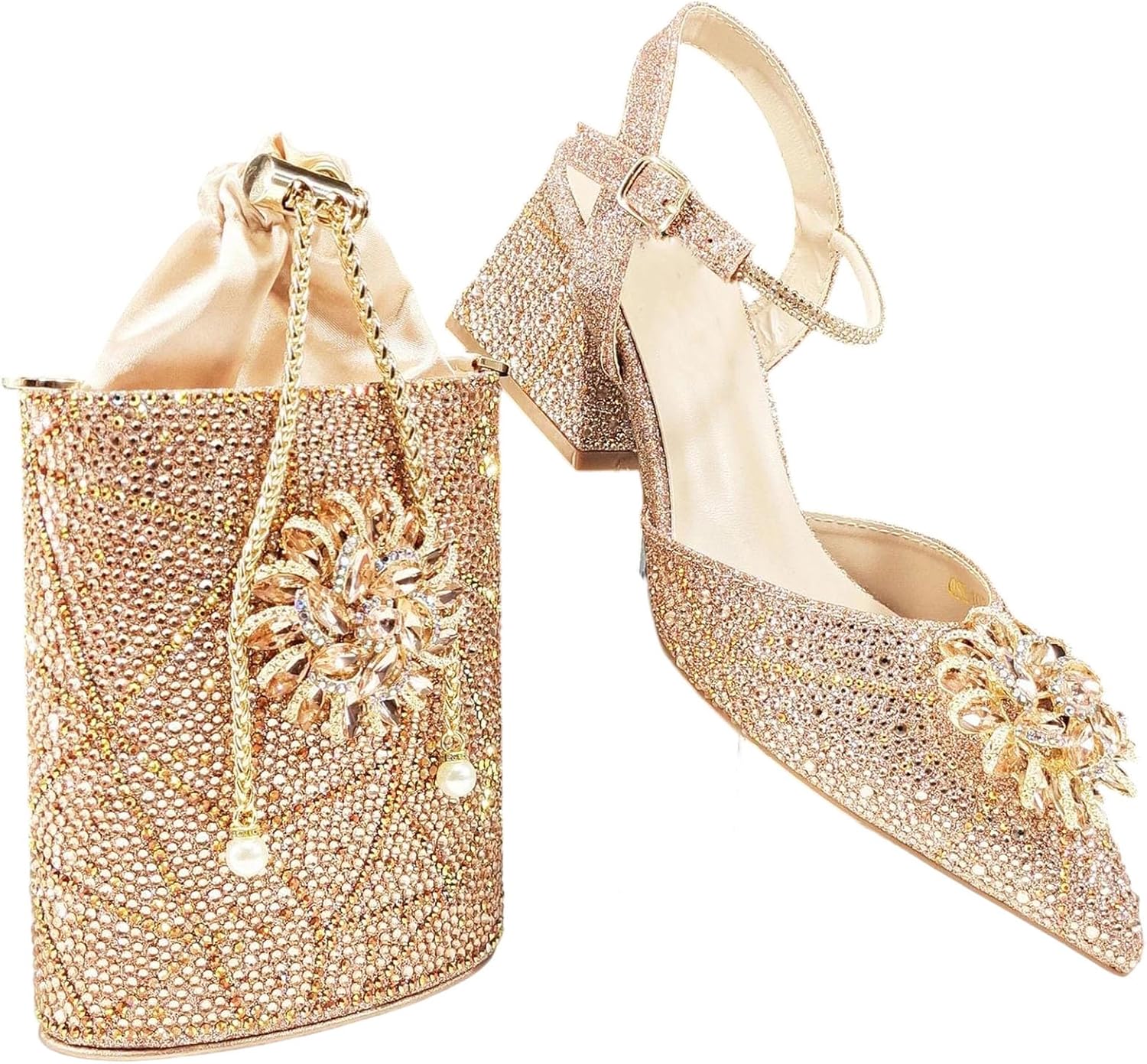 Womens PointedToe High Heels Bag Set Rhinestone Pumps Evening Party Dress Accessories