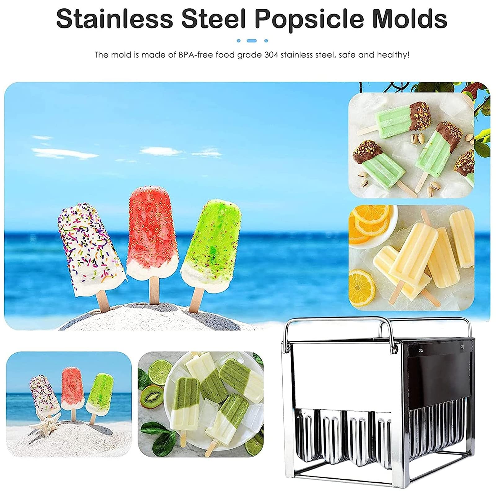 40 moldes de acero inoxidable para paletas comerciales, moldes para paletas de helados, moldes para helados congelados, moldes para palitos de madera y cepillo de limpieza