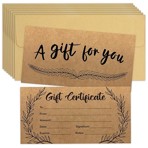 GIANTRUMP 24 Pcs Blank Gift Certificates Kraft Certificate Cards with 24 Pcs Envelopes for Business Salon Restaurants Spa Christmas Birthday, 3.5 x 7