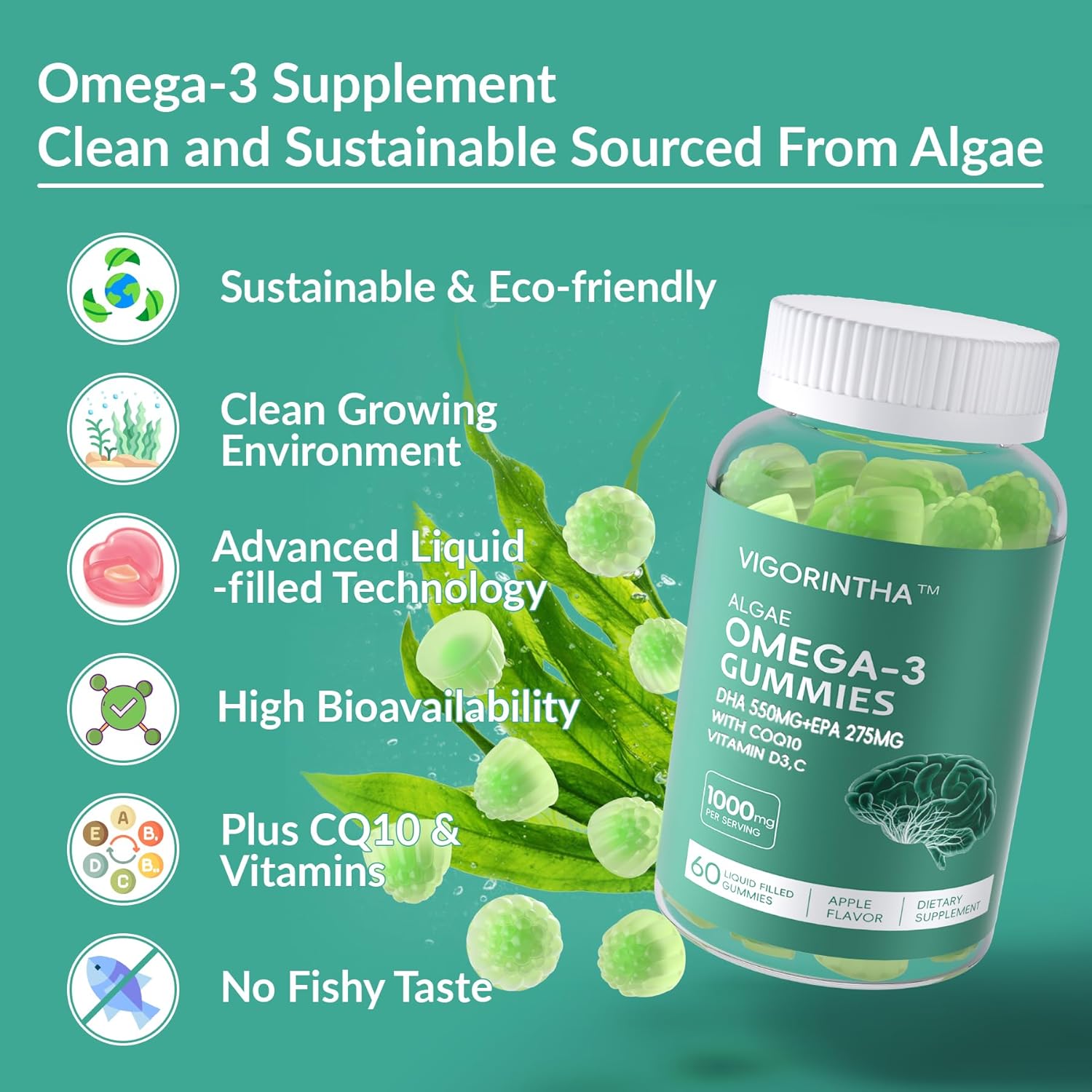 2 Pack Vegan Omega 3 Gummies 1000mg with Coq 10, Vitamin D3,E,C,Omega 3 Fish Oil Alternative for Adults, Plant Based DHA 550mg & EPA 275mg for Brain, Mobility, Eye, Sugar Free, 120 Count - Image 4