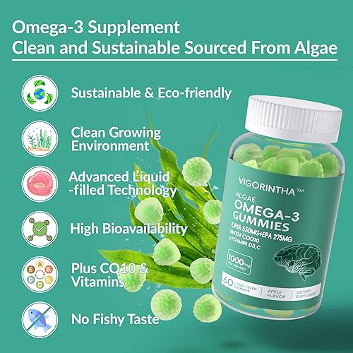 Miniatura 4 de Gomitas veganas Omega 3 de 1500 mg con Coq 10, vitamina D3, E, C, Omega 3, aceite de pescado alternativo para adultos, DHA a base de plantas 885 mg