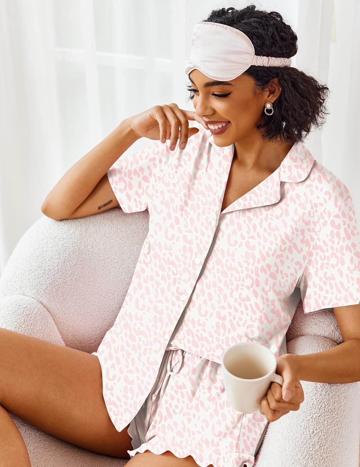 Ekouaer Pajamas Set for Women Short Sleeve Sleepwear Button Down Pjs Lounge Sets Soft Nightwear - Image 3