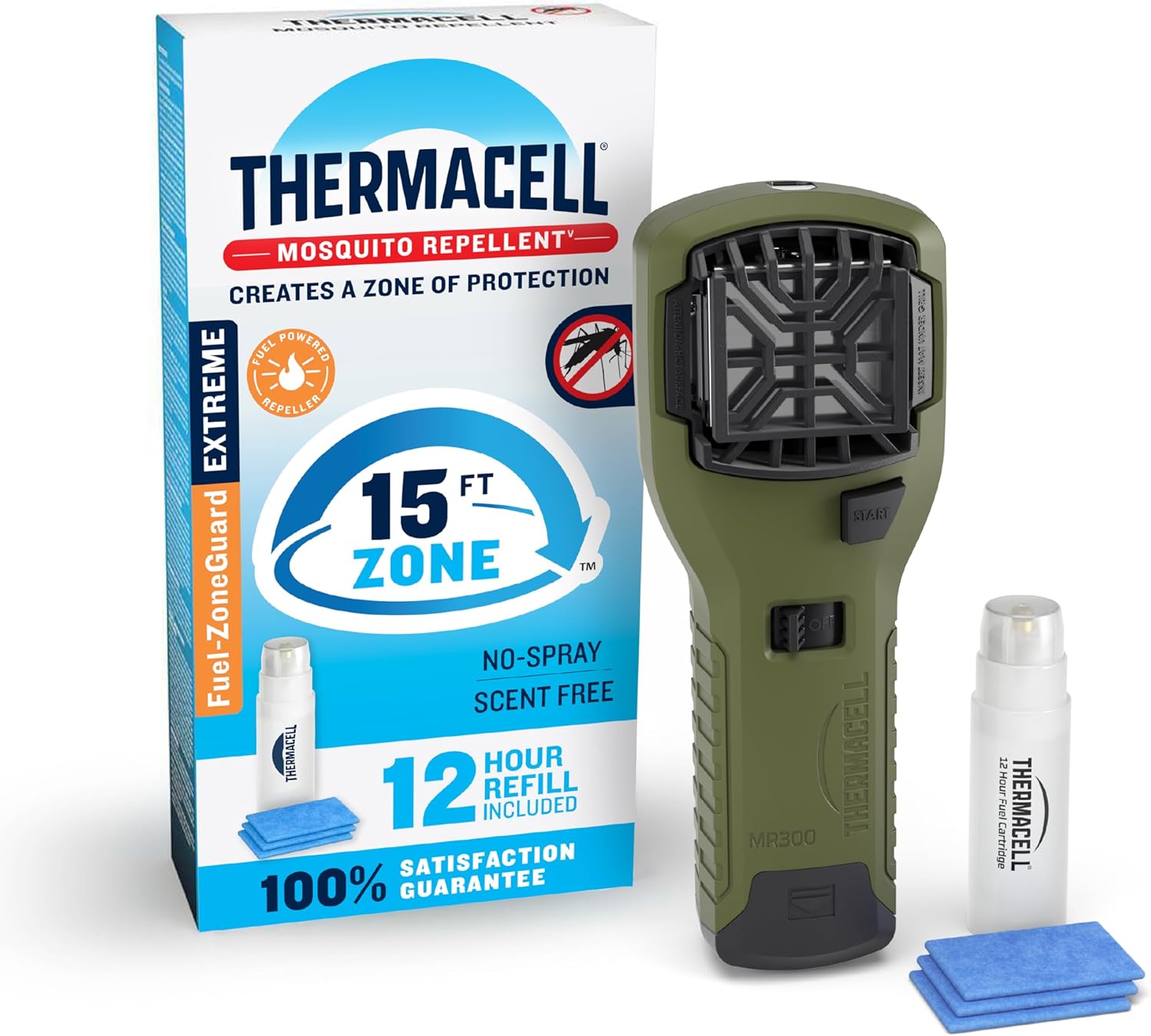 Thermacell Fuel-ZoneGuard Extreme Fuel Powered Mosquito Repeller; 15-Foot Zone of Scientifically Proven Outdoor Protection; 12-Hr Refill; DEET-Free; Bug Spray Alternative; Scent Free; Green
