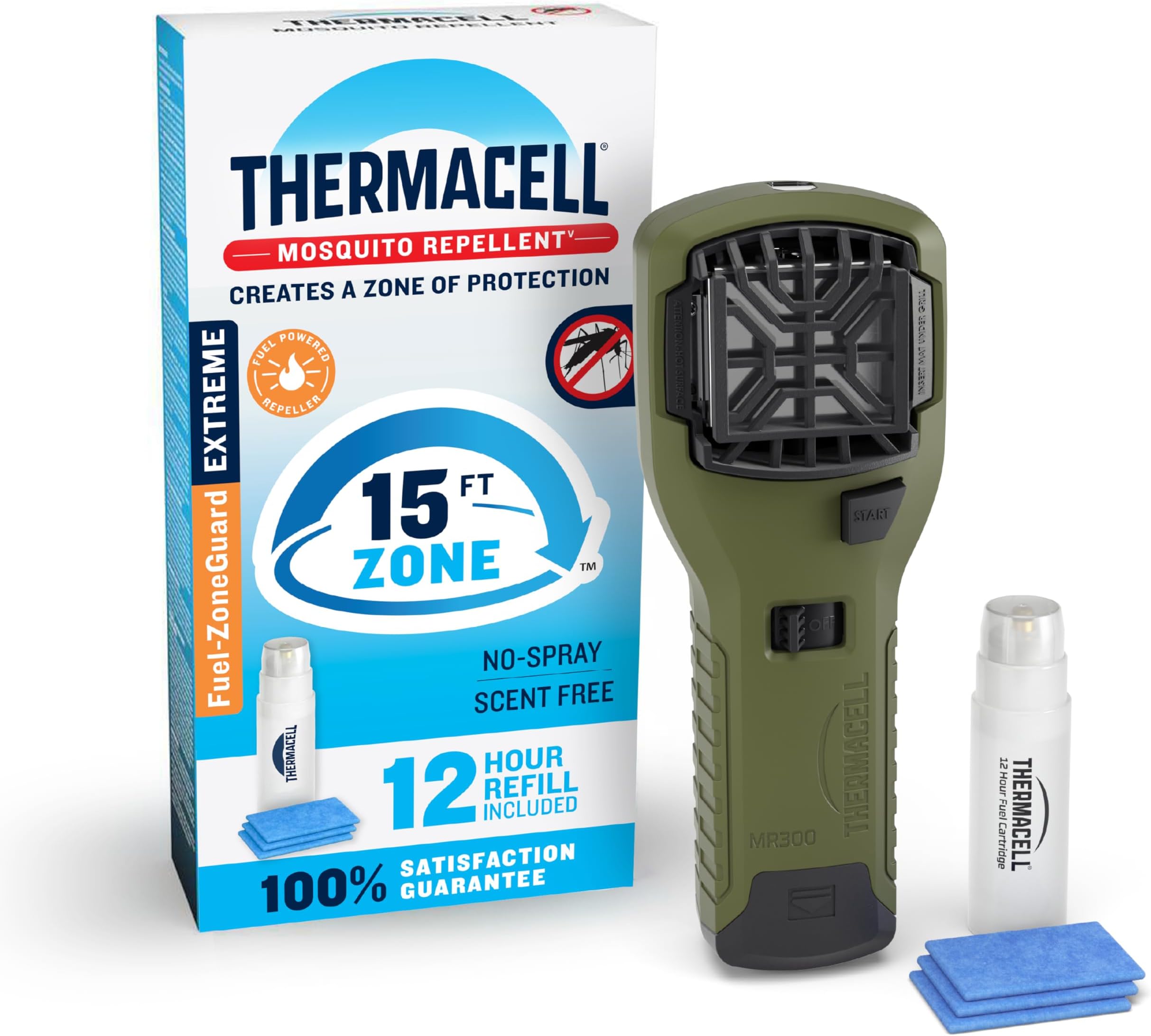 Thermacell Fuel-ZoneGuard Extreme Fuel Powered Mosquito Repeller; 15-Foot Zone of Scientifically Proven Outdoor Protection; 12-Hr Refill; DEET-Free; Bug Spray Alternative; Scent Free; Green