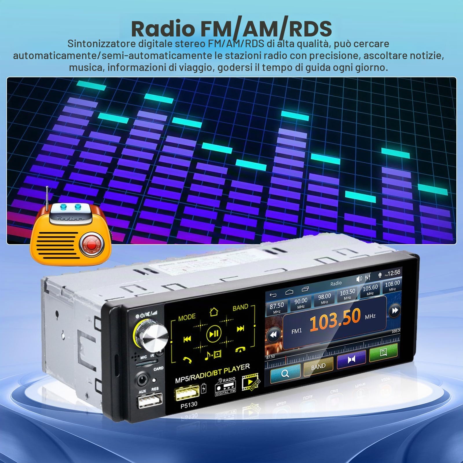 Hikity 4.1" 1 DIN Autoradio con Bluetooth FM RDS | Touchscreen Retrocamera Comandi al Volante Vivavoce USB AUX Scheda TF
