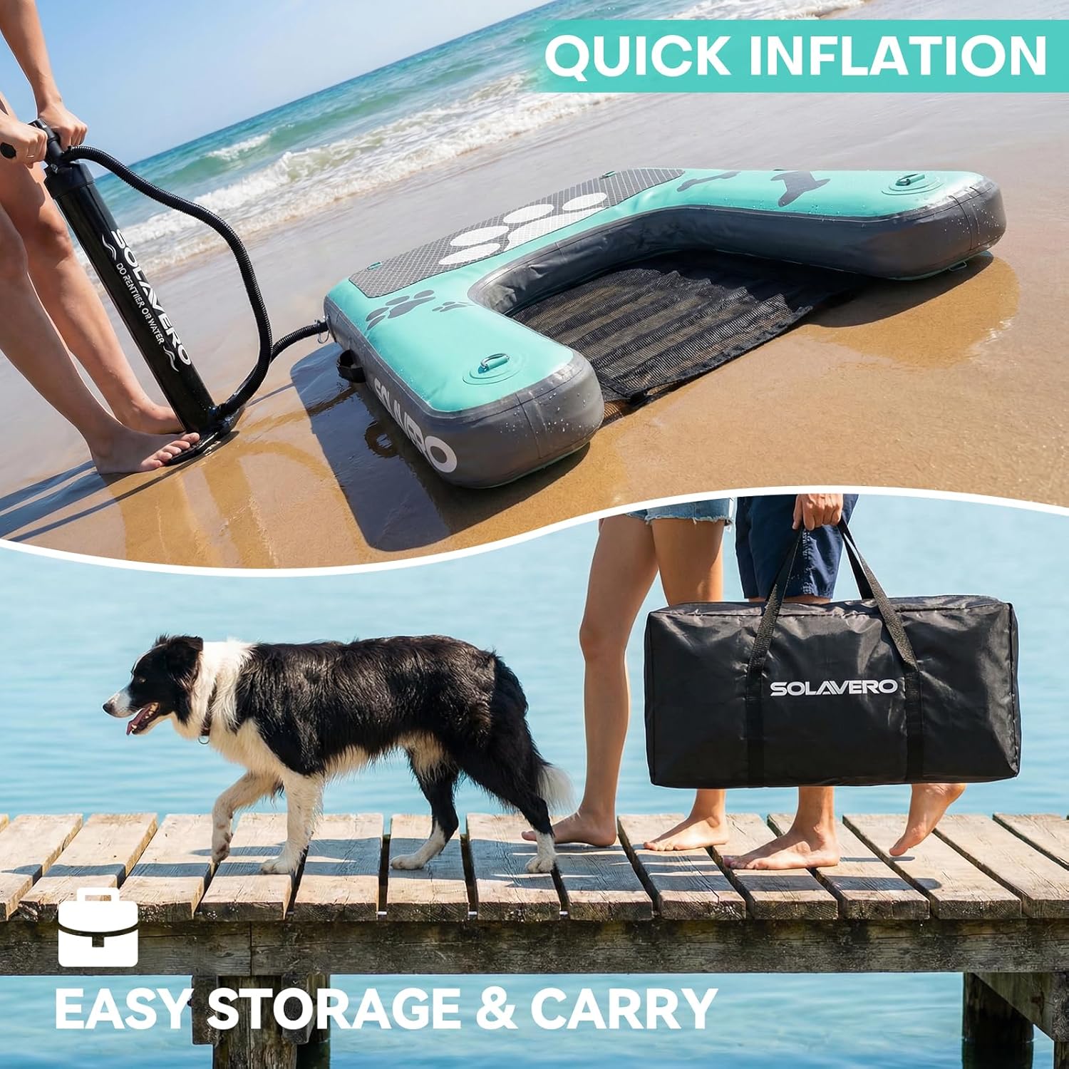 SOLAVERO Dog Water Ramp for Pool, Boat & Lake, Inflatable Dog Dock Pup Plank Pool Ladder Up to 200 lbs, Safe & Easy Access Floating Ramp Steps for Pets with Anti-Slip EVA, Green