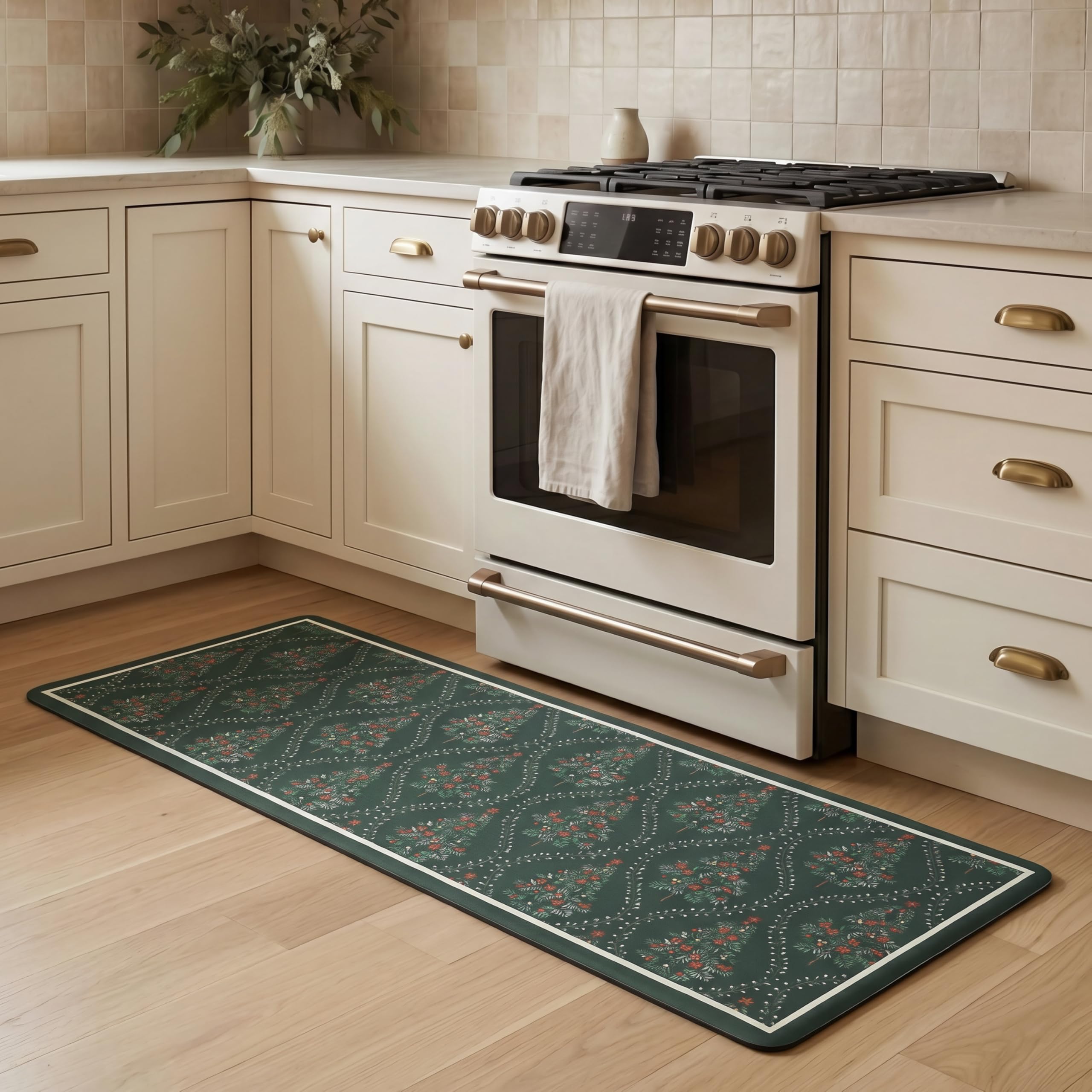 Laura Ashley Frestwick Glade Anti Fatigue Kitchen Mat, Non Slip Cushioned Comfort Floor Mat, 17.5"x48", Green