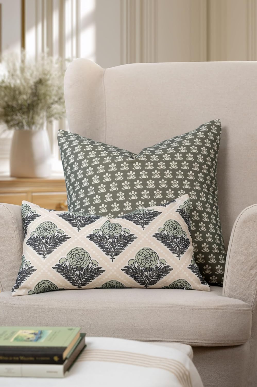 Crumbs Home Modern Farmhouse California Casual Indoor Outdoor Throw Pillow Cover, 22"x22" Water Repellent for Patio, Backyard, Couch, Poolside, Olive Green Block Print Floral