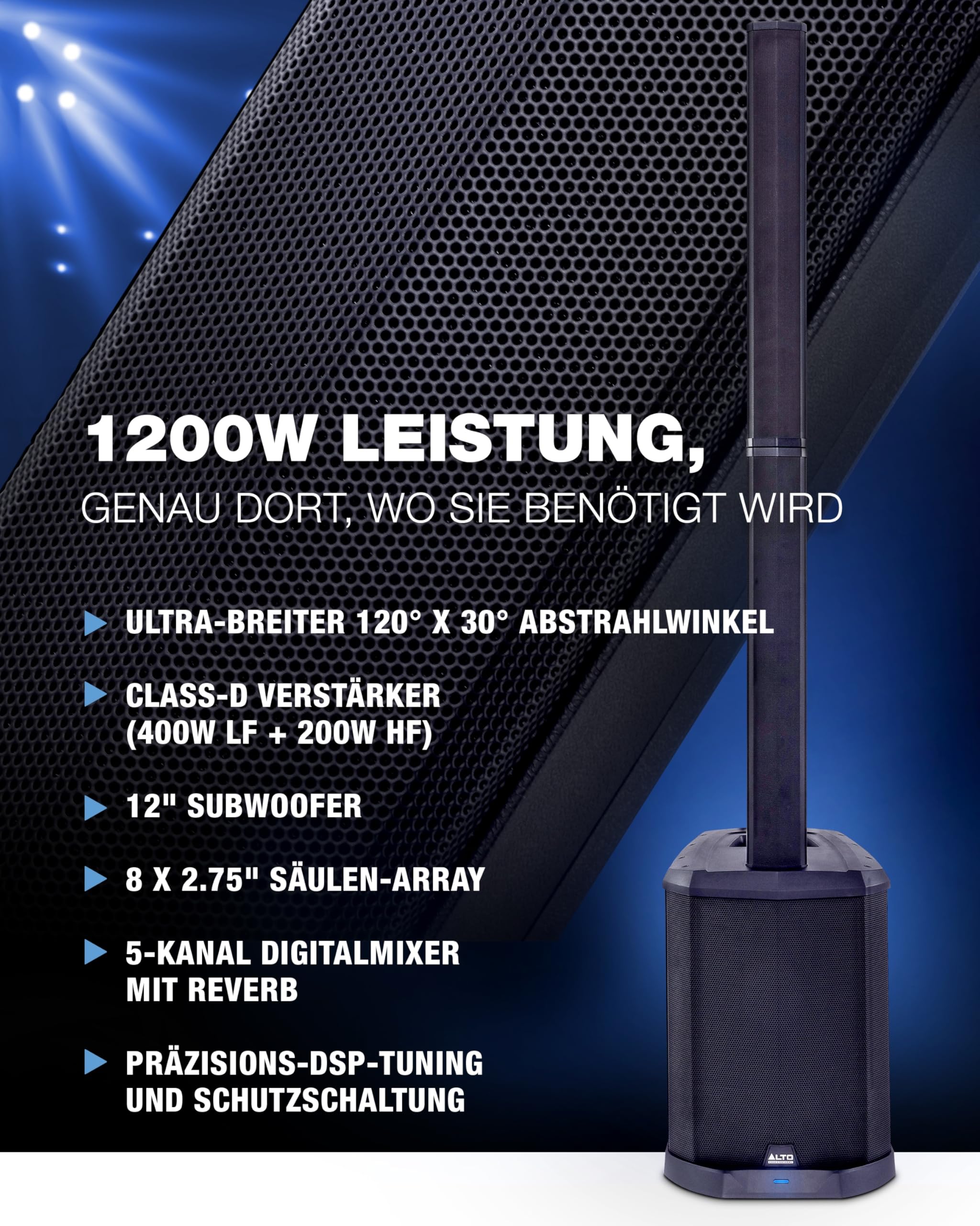 ALTO TS112C 1200-Watt Aktives Säulen PA Lautsprecher mit 5-Kanal Mixer Bluetooth