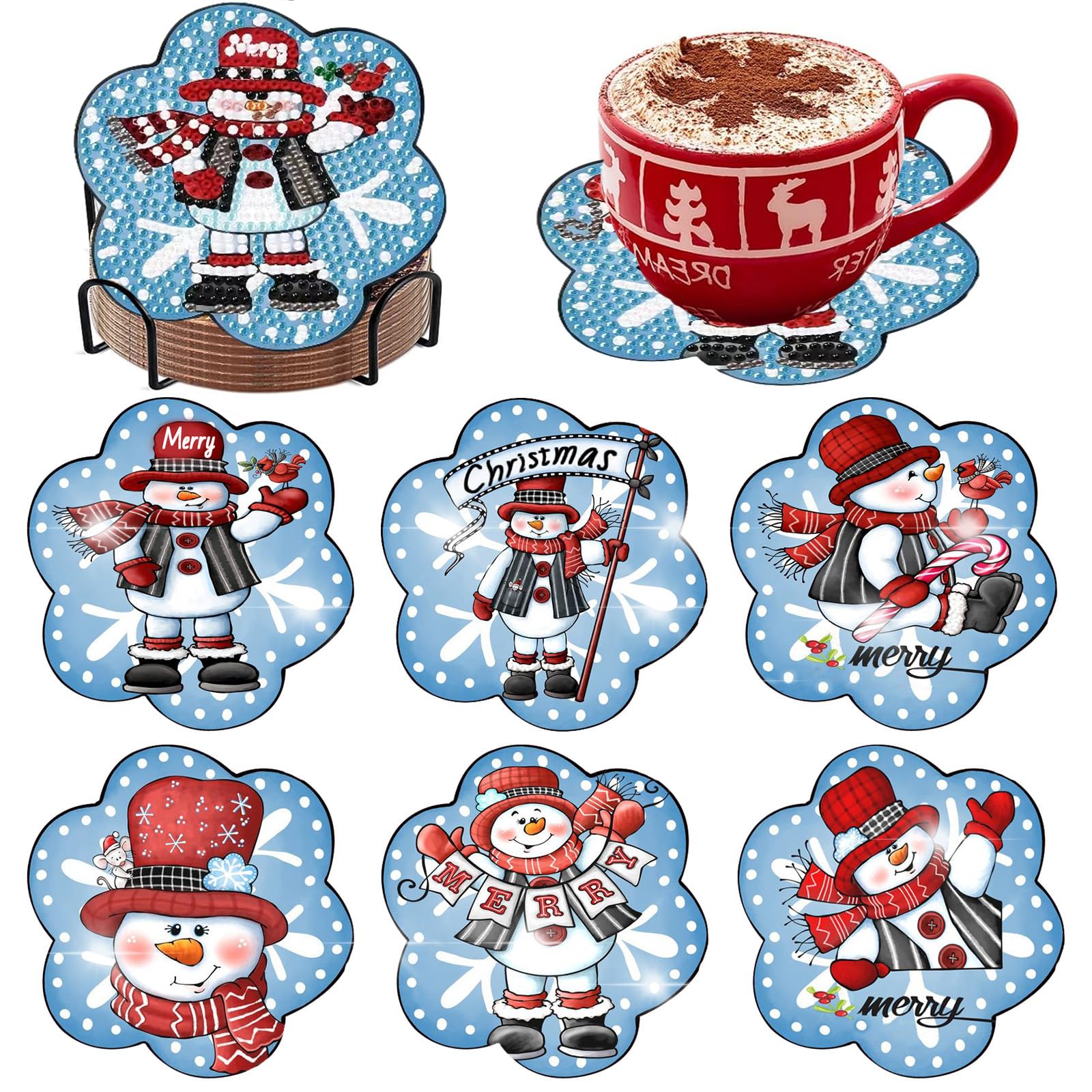 Meothan 6 Pcs Diamond Art Coaster Kits With Holder - Christmas Snowman Diamond Painting for Adults Beginners - 5D Gem Art Dots Paintings With Cork Pads - Crafts Supplies