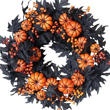 Halloween Wreaths Black Maple Leaf Wreath Orange Pumpkin Wreath Holiday Decoration Party Party Celebration Wreaths Front Door Back Door Hallway Patio Decoration