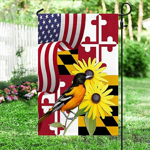 Miniatura 3 de Bandera estadounidense de Maryland con ojos negros Susan Flower y Baltimore Oriole Bird MLN1141Fv2, bandera de jardín (11.5 x 17.5 pulgadas),