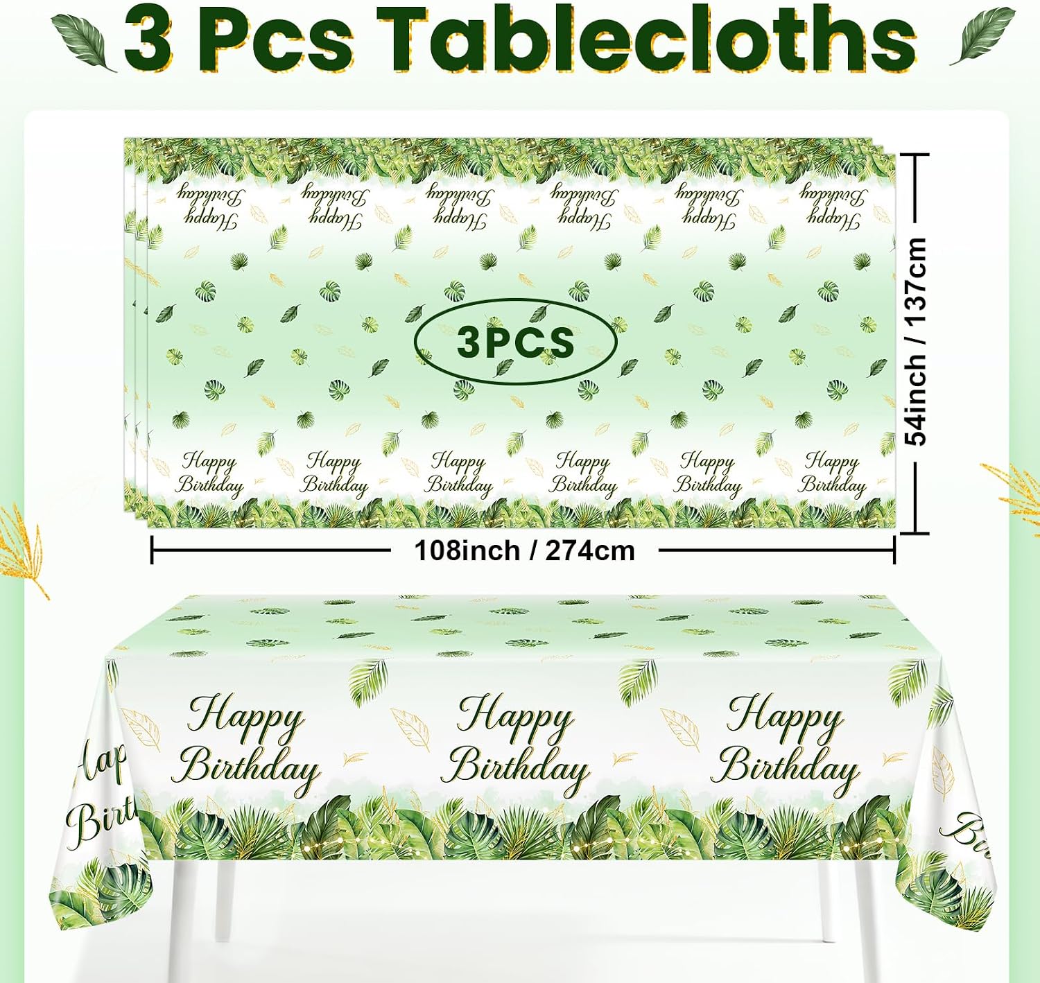 Avezano 3 pcs Green Palm Leaves Tropical Birthday Tablecloths 108x54 inch Tropical Birthday Decorations for Women Adults Summer Bday Tablecovers Rectangular Disposable