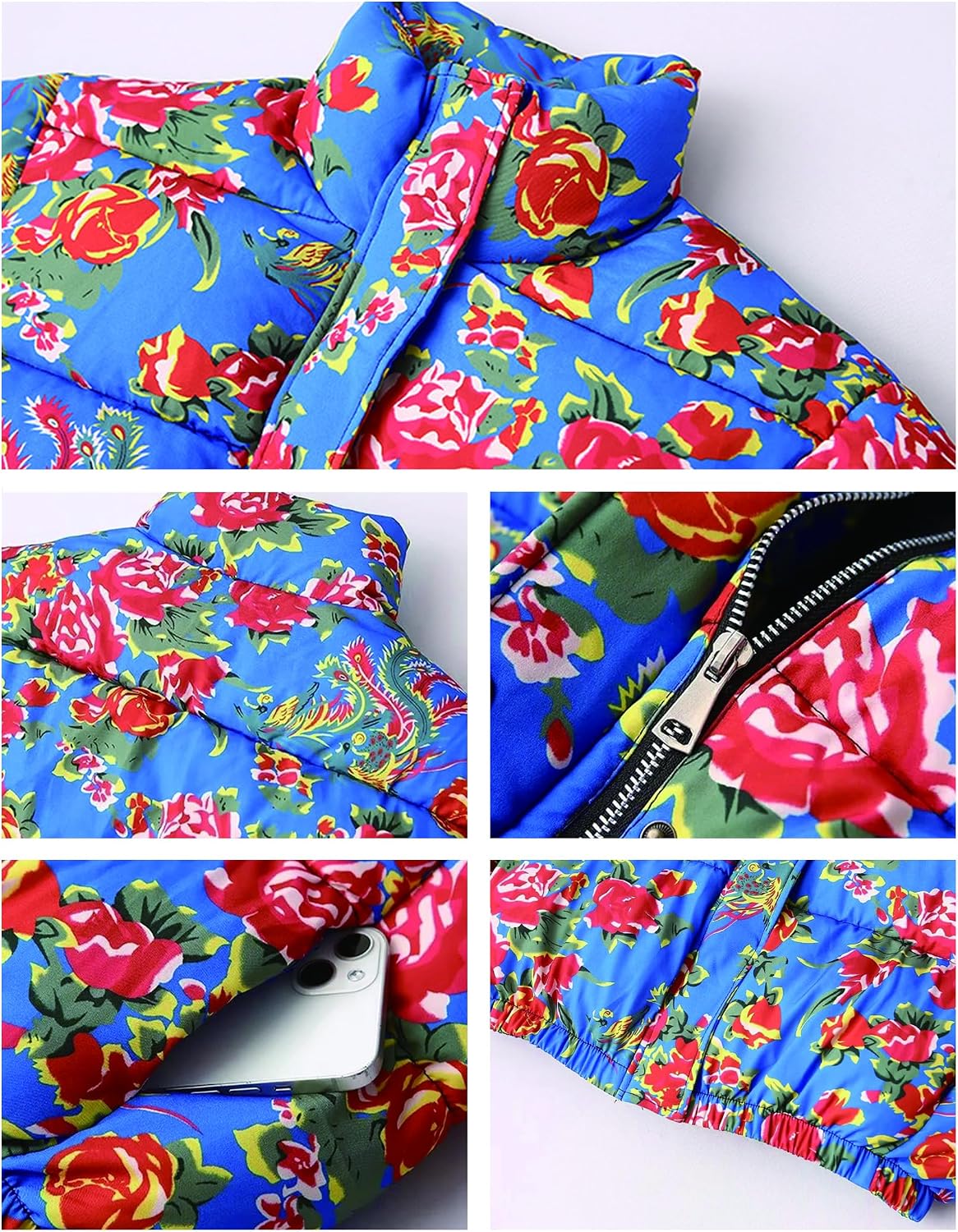 Women Floral Puffer Jacket Cropped Lightweight Quilted Coat Warm Vintage Boho Streetwear