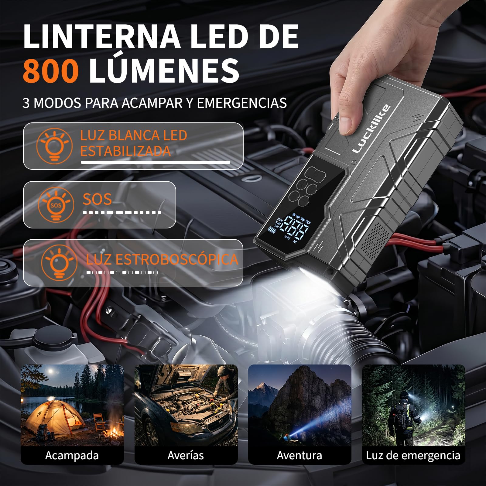 Lucklike Arrancador de Baterías de Coche con Compresor, 12V Jump Starter | 150PSI Arrancador de Coches para Vehículo (Todo Gasolina o 12L Diésel), con Pantalla LCD, Luz LED 800LM de Emergencia