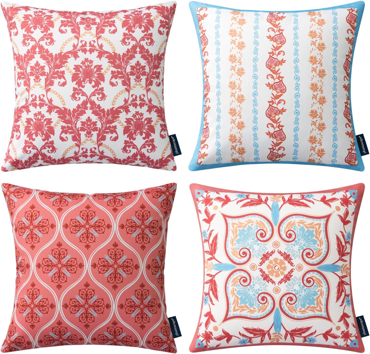 Phantoscope Pack of 4 Outdoor Pillows Waterproof Boho Geometric Outdoor Throw Pillow Covers, Decorative Floral Patio Pillows Square Cushion Case for Couch Tent, Pink/Blue, 18x18 Inches