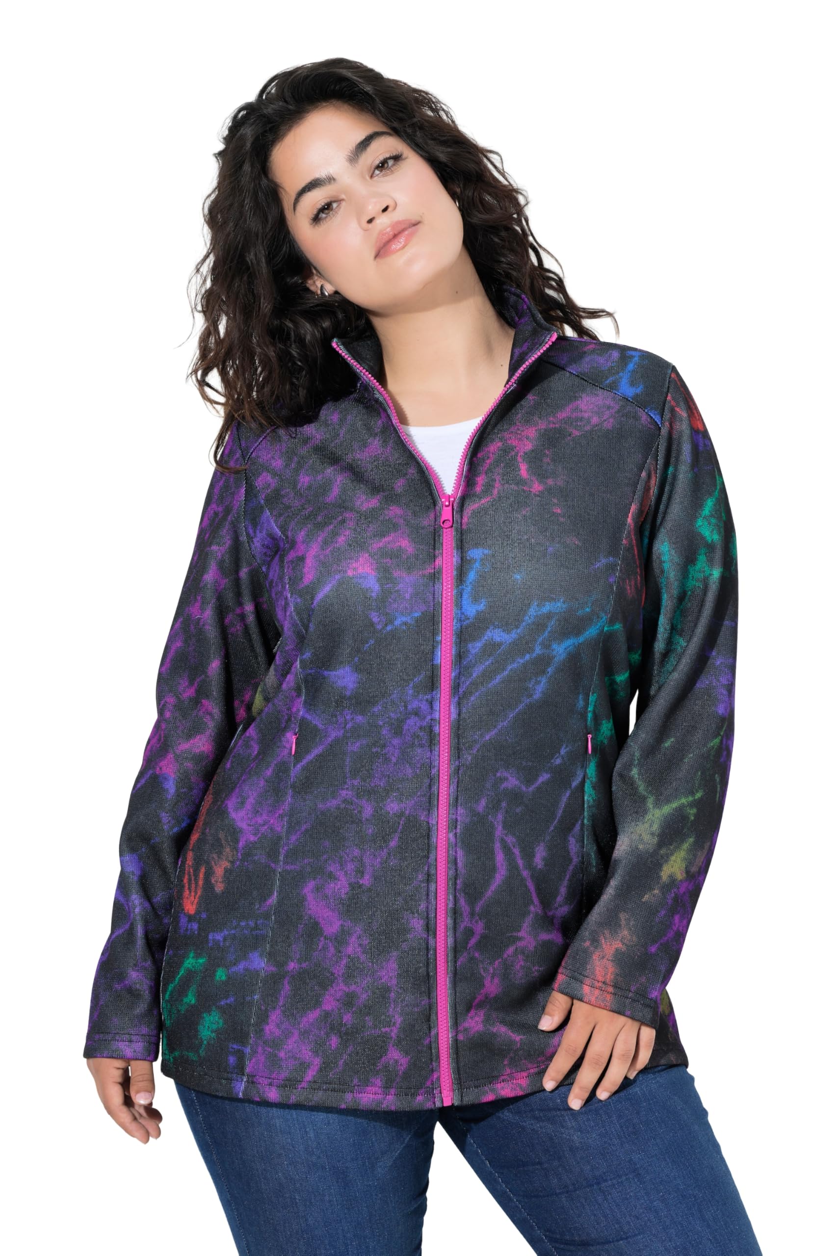 Angel of Style Damen große Größen Übergrößen Plus Size Strickfleece-Jacke, Farbiger Alloverdruck 846273