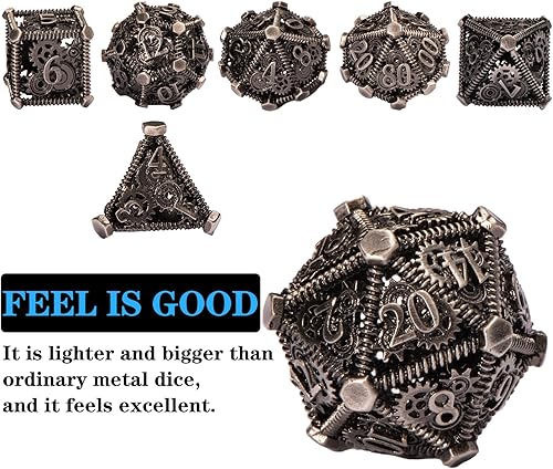 Miniatura 2 de UBEUCK Juego de 7 dados DND, dados de mazmorras y dragones y dados mecánicos, juego único de dados de metal, juego de dados poliédricos steampunk