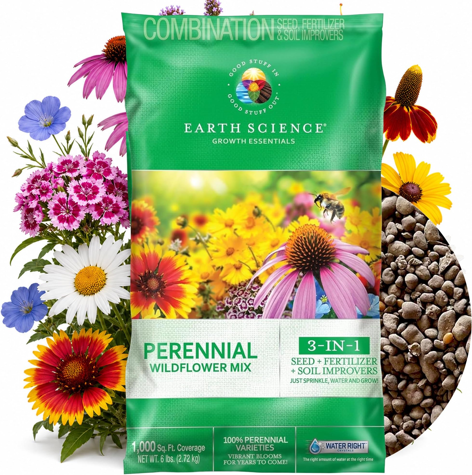 Earth Science Perennial Wildflower Mix—6 lb—3-in-1 Formula with Premium Wildflower Seeds, Plant Food and Soil Conditioners - Non-GMO, Natural Ingredients