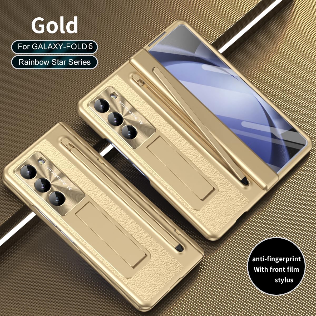 NINKI for Samsung Z Fold 6 Case with S Pen and Kickstand, Built in Screen Protector Hinge Protective Plating Leather Phone Cover for Samsung Galaxy Z Fold 6 Case with S Pen Holder and Stand – Gold