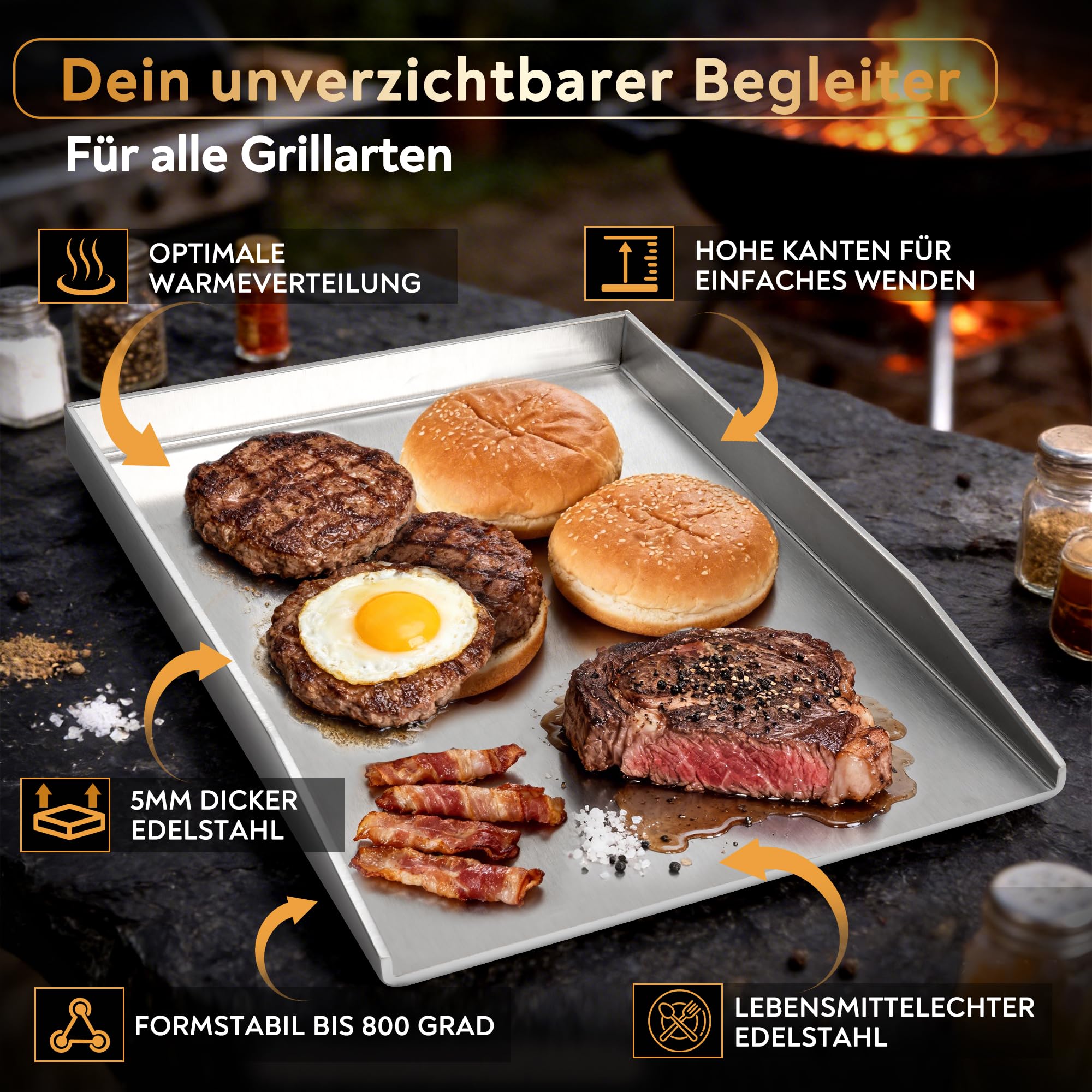 Bergfeld BBQ Grillplatte - Premium Plancha Set [30x40 cm] - 5mm massiver Edelstahl - 25% dicker als die meisten Planchas - inkl. 3er Grillspachtel-Set - auslaufsichere Ecken