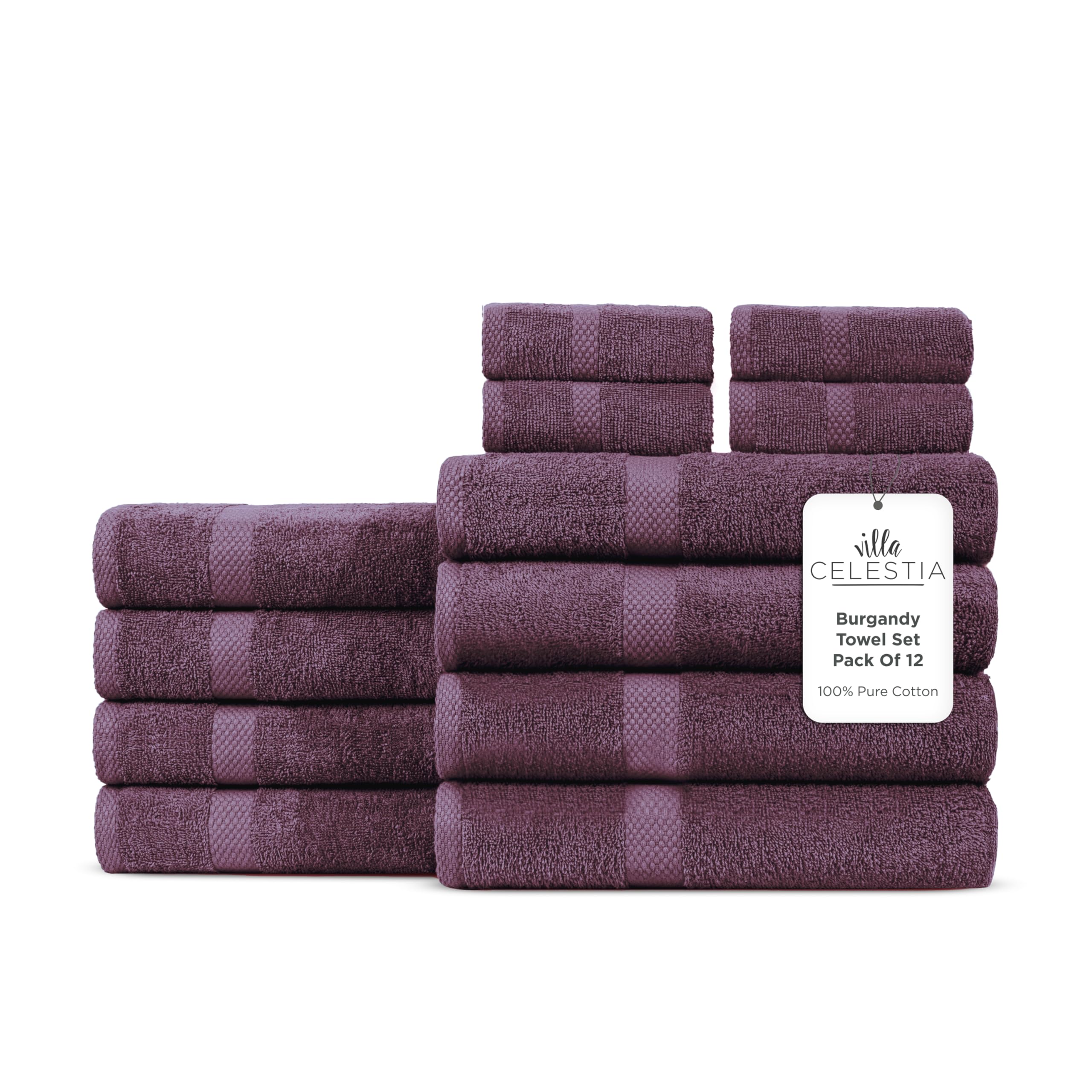 Villa Celestia 12-Piece 100% Cotton Towel Set, 4 Bath Towels, 4 Hand Towels, 4 Wash Cloth, Quick-Dry, Burgandy