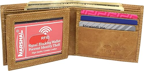 Miniatura 8 de MARSHAL Cartera de identificación con solapa central de piel auténtica con bloqueo RFID para hombre, Beige Bronceado, Bifold