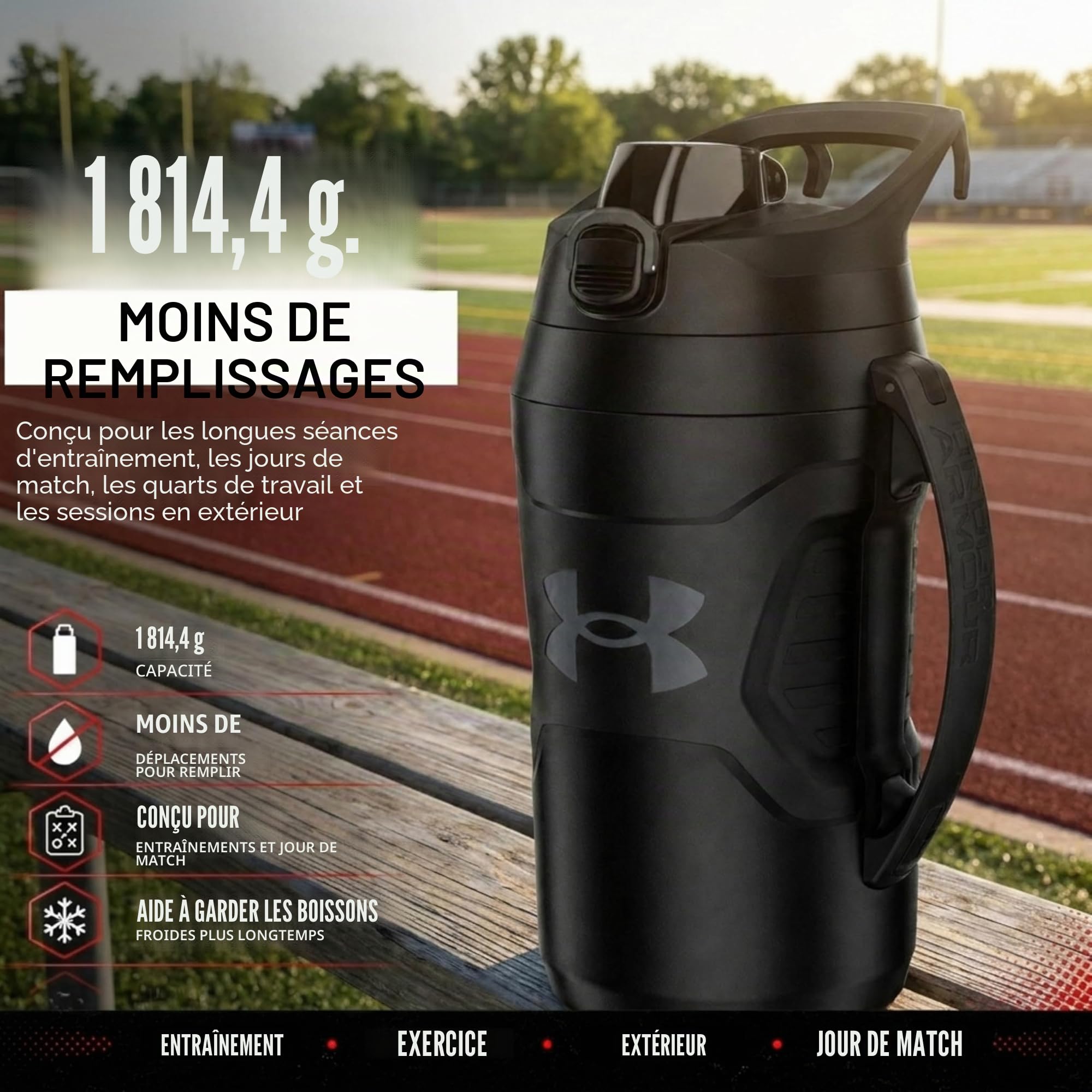 Under Armour Playmaker Carafe de sport, bouteille d'eau avec poignée, isolation en mousse et résistante aux fuites, 1,9 l, noir/noir