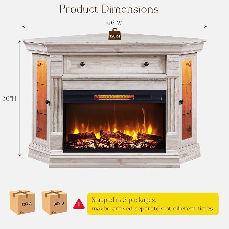 RedLemon 56" Corner Fireplace TV Stand for Up to 65 Inch TV - 30" Electric 3-Sided Fireplace, Farmhouse Entertainment Center for Living Room, Hidden Flip-Top Cubby, Shelves & LED, Antique Brush White image 2