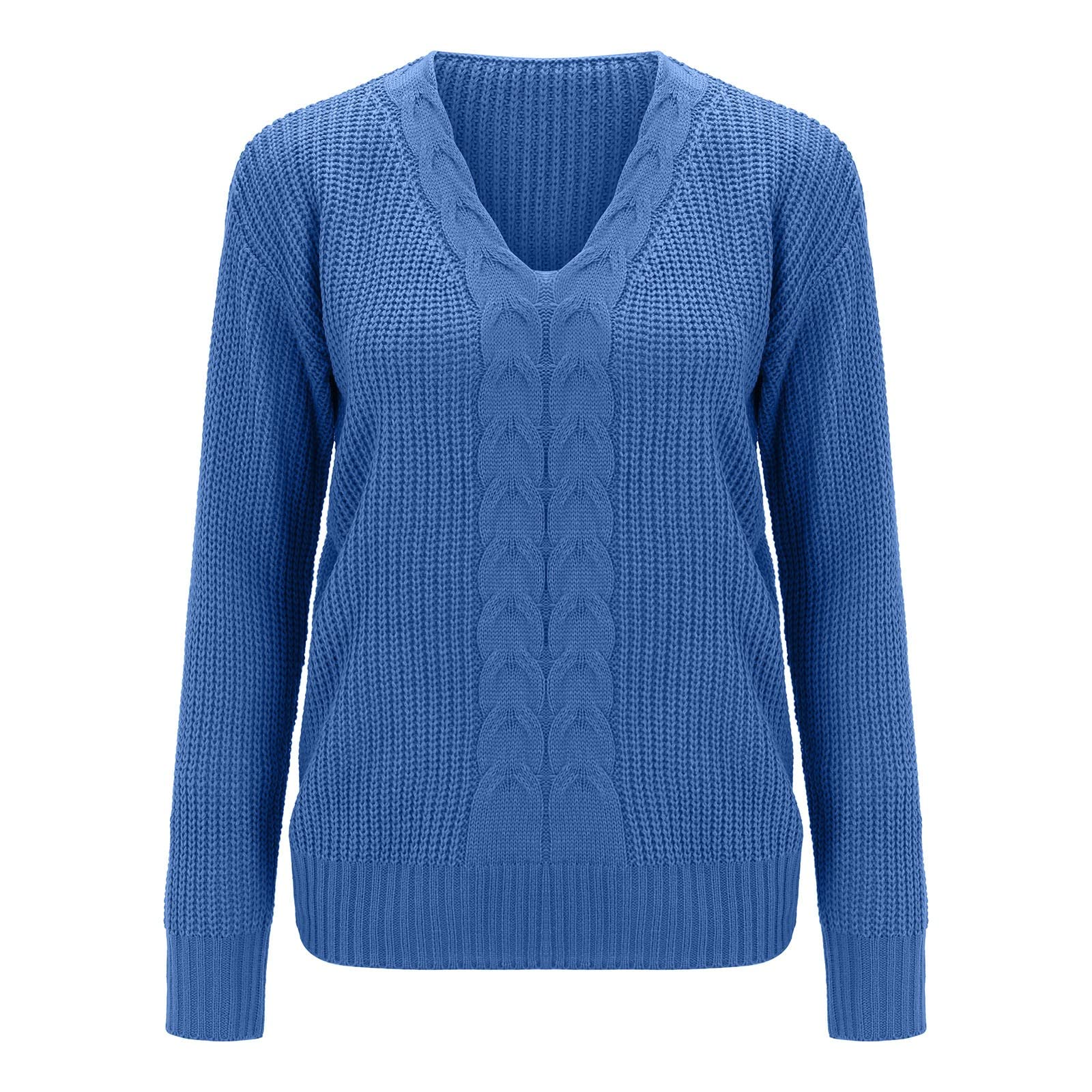 Chunky Knit Jumpers Ladies Autumn and Winter Long Sleeve Solid Color V Neck  Slim Fit Fashion Knitted Pullover Sweater Top Smart Jumpers for Women UK