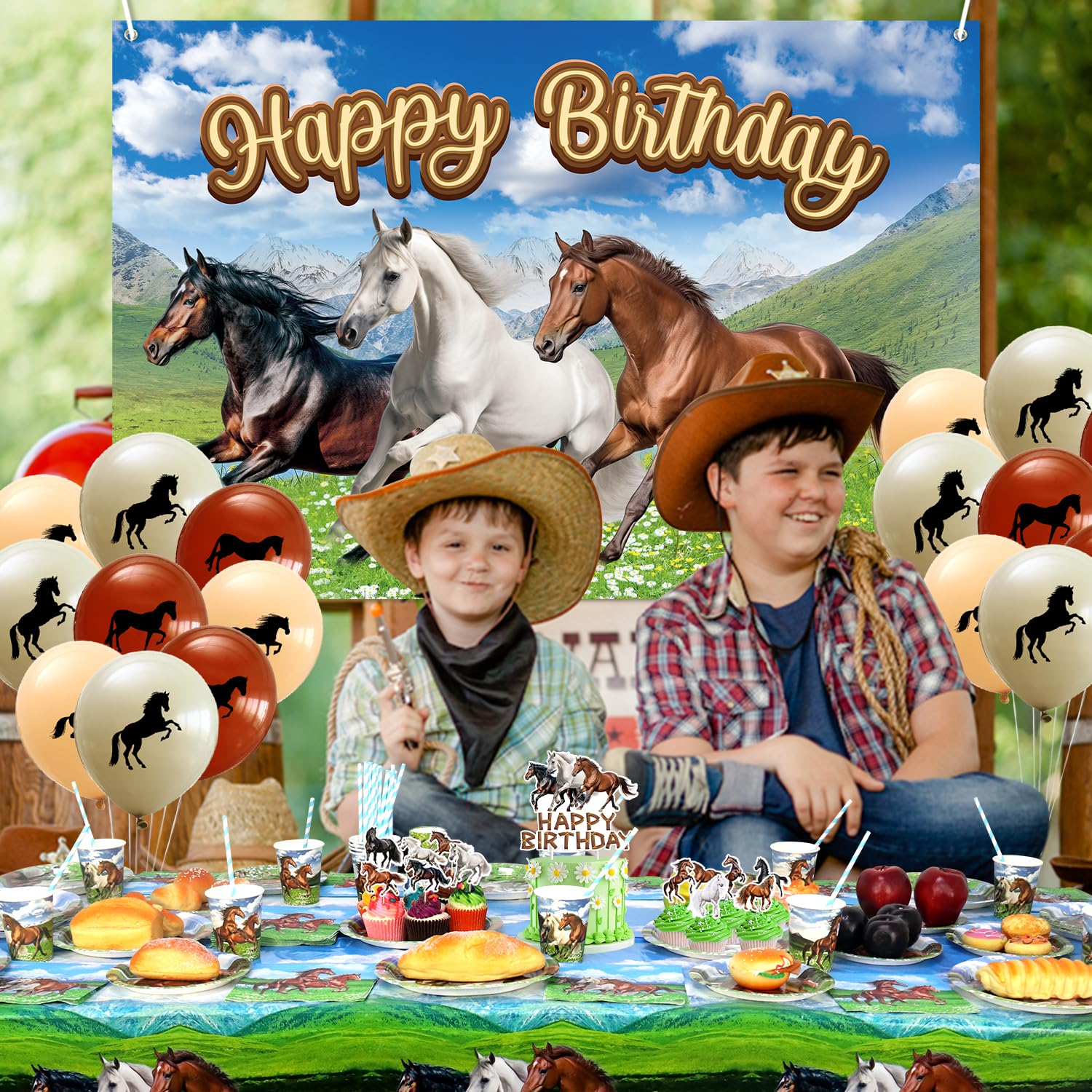 Décoration de Fête d'Anniversaire Cheval et Cowboy - Assiettes, Tasses, Serviettes, Nappe, Toile de Fond 'Happy Birthday', Ballons pour Gâteau