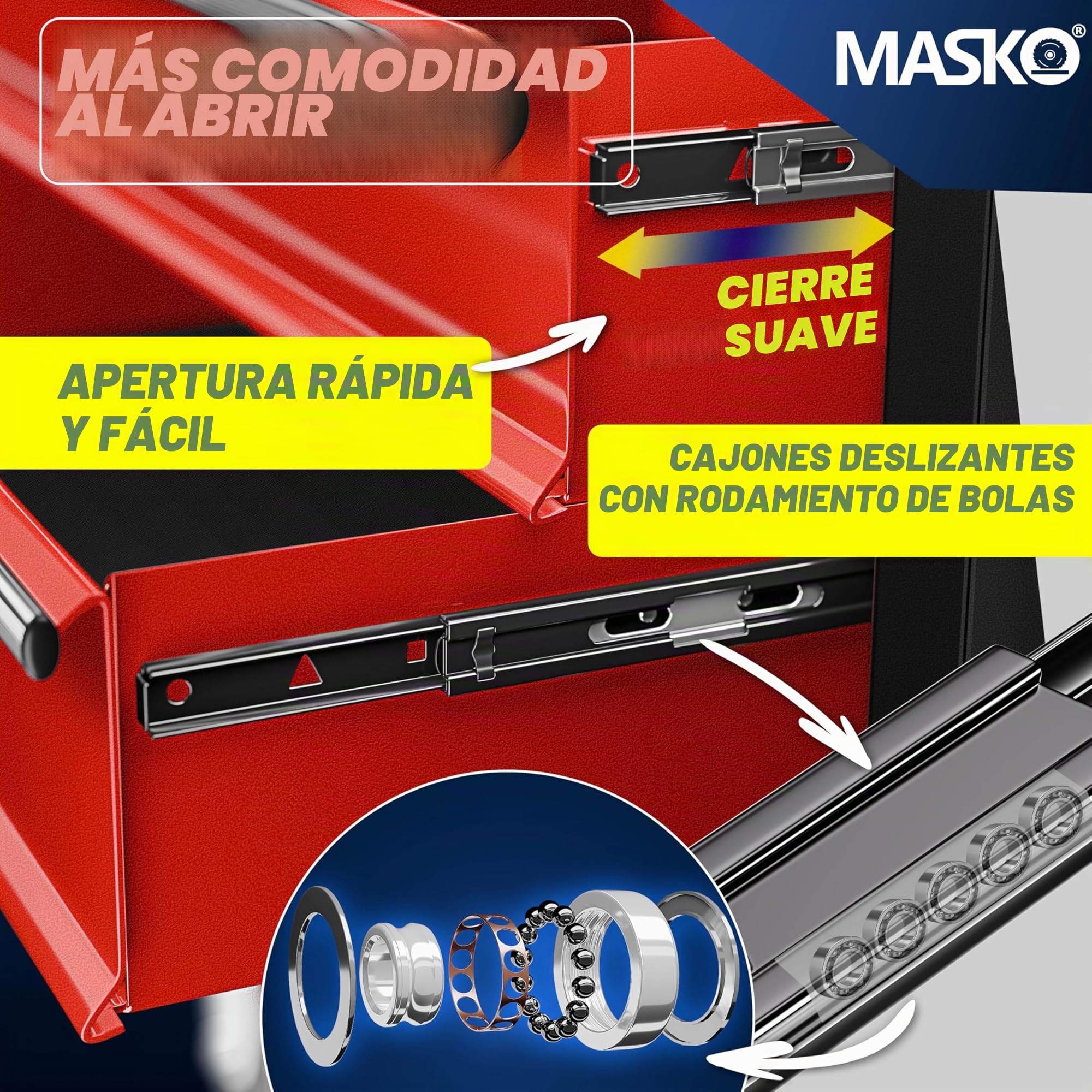 MASKO® Carro de taller con maletín incluido, 9 compartimentos con cerradura metal macizo, sin herramientas, para guardar herramientas, rojo