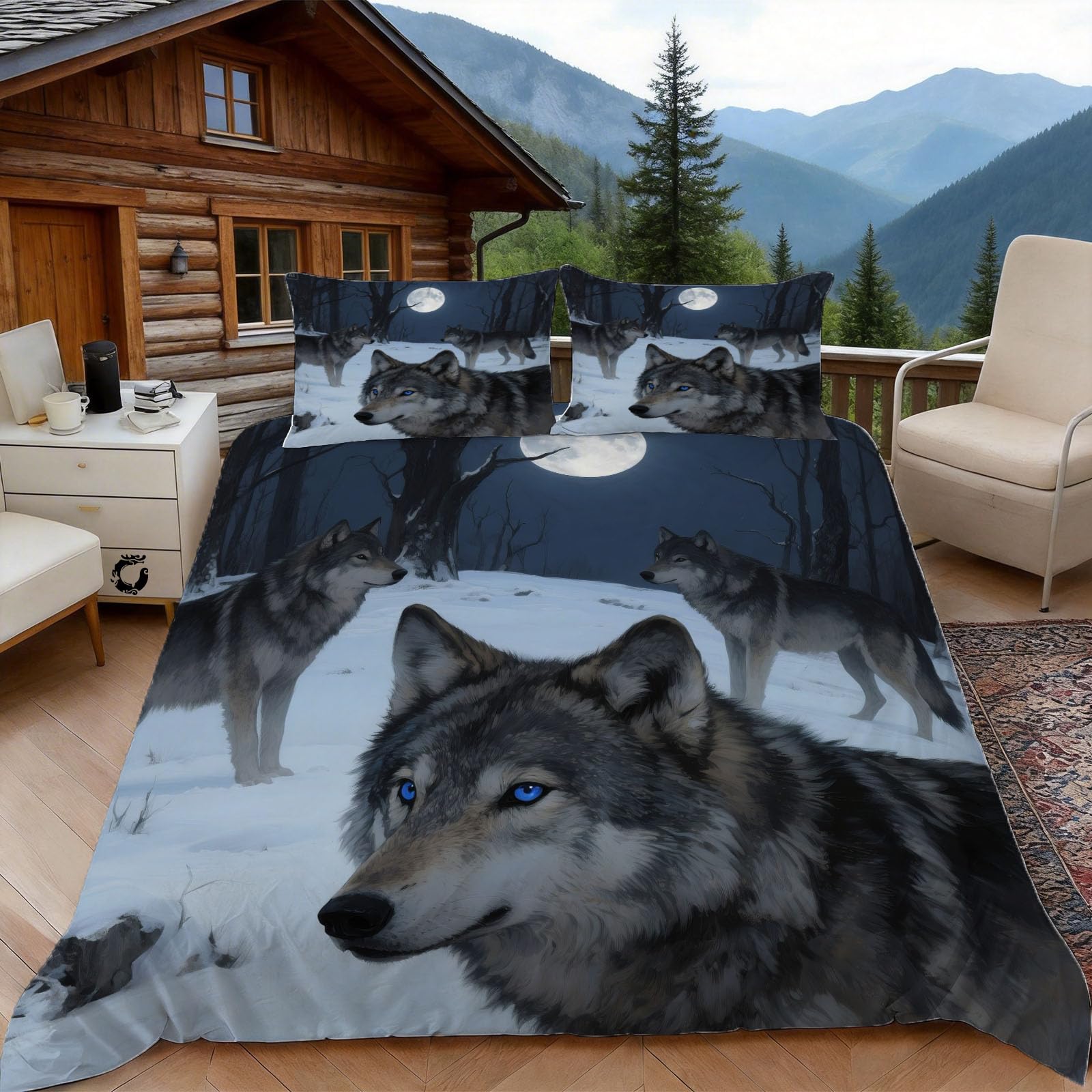 Housse de couette 240x260 loup de forêt parure de lit finitions zippées microfibre haut de gamme