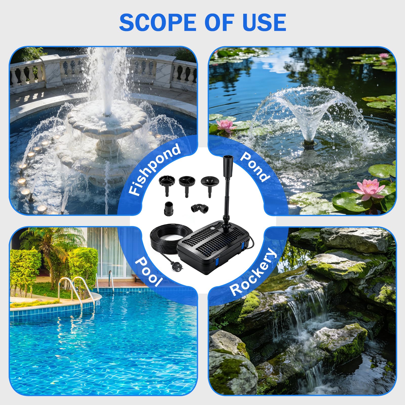 EXLECO 2500 L/h 57W Pompe pour Bassin de Jardin Extérieur avec Lampe UV Aquarium, Filtre avec 3 Têtes de Fontaine, Médias Filtrants, Raccords de Réglage Trois Voies, Câble 10m, pour Poisson Exterieur