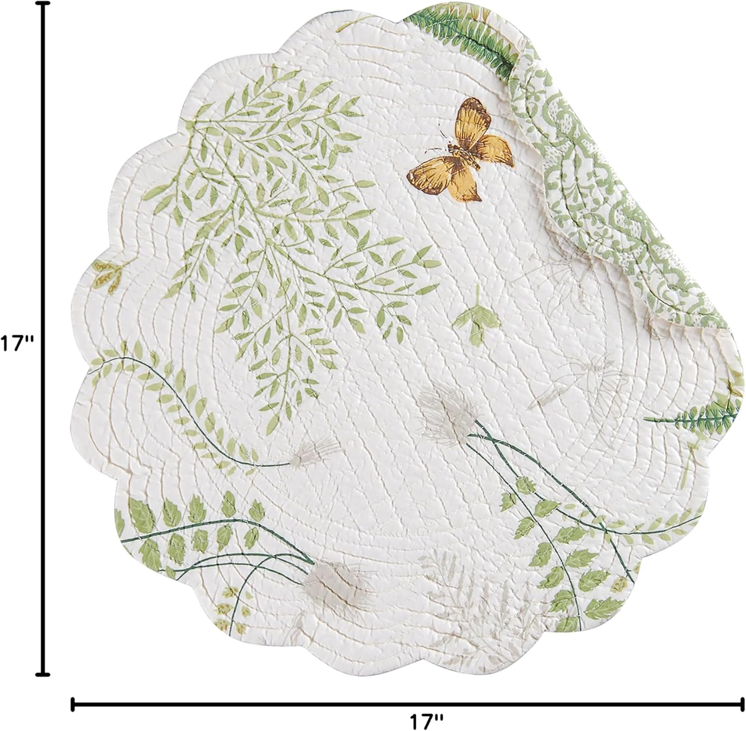 C&F Home Althea Round Placemat, Set Of 4, 17'' X 17'' Spring Butterfly Plants Fern Green White Damask Cotton Quilted Placemat Tabletop Round Placemat Set of 4 Green