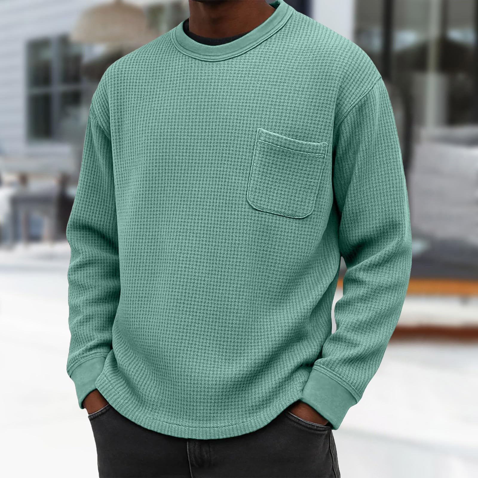 Generico Maglia Uomo A Struttura Waffle Collo Tondo con Tasca Maniche Lunghe, Modello Base Semplice per Abiti di Primavera E Autunno