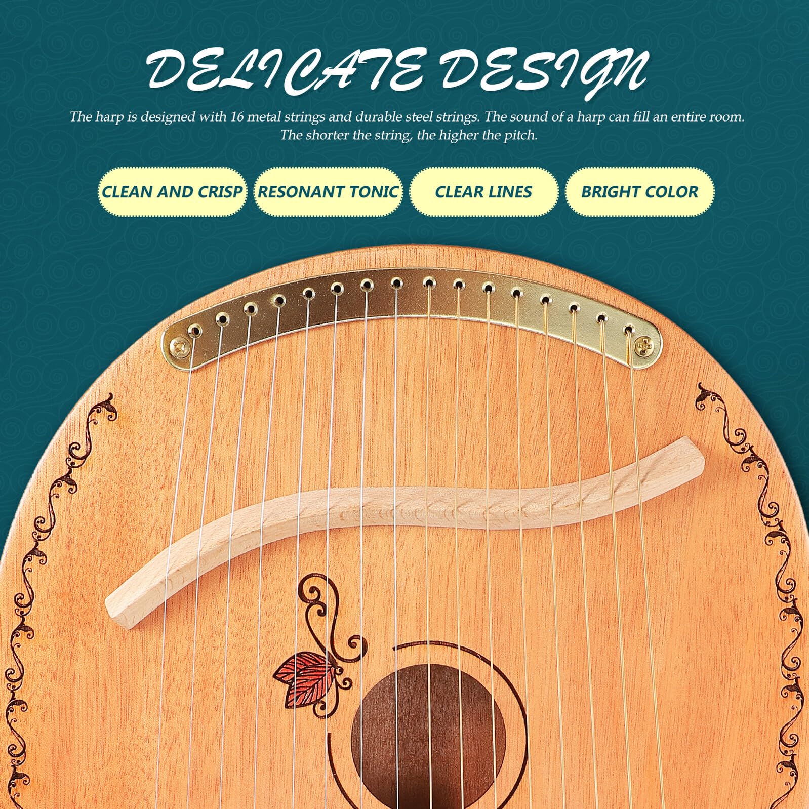 ERINGOGO Lyre Harpe à 16 Cordes en Bois Portable Surface Lisse et Sustain Prolongé, Instrument à Cordes Pratique pour Musiciens et Débutants
