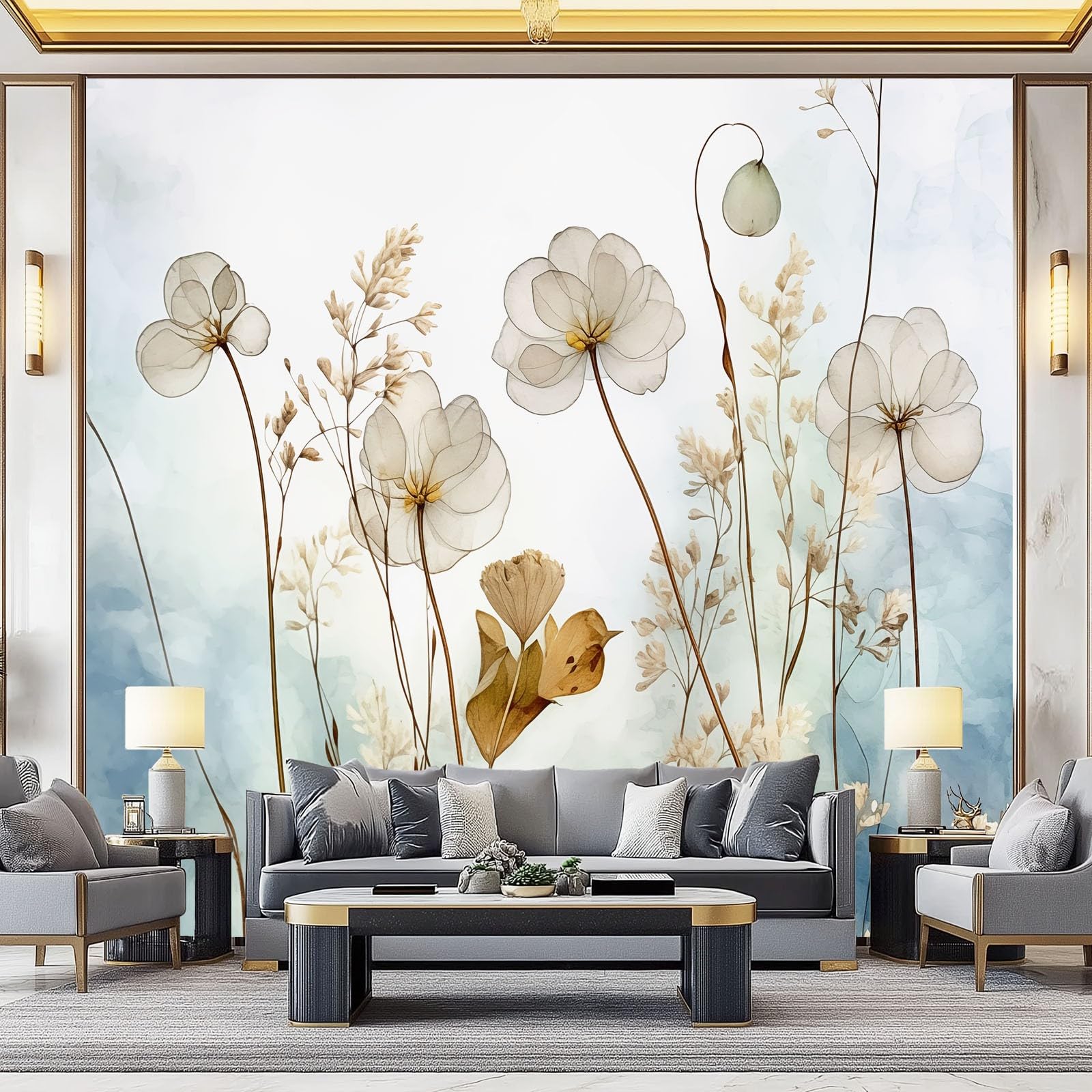 Vliestapete 350 x 256 cm für Wanddekoration - Aquarell Pflanzen Trockenblumen Tapeten für Wohnzimmer Kinderzimmer TV Hintergrund, Hellblau Modedesign Fototapete