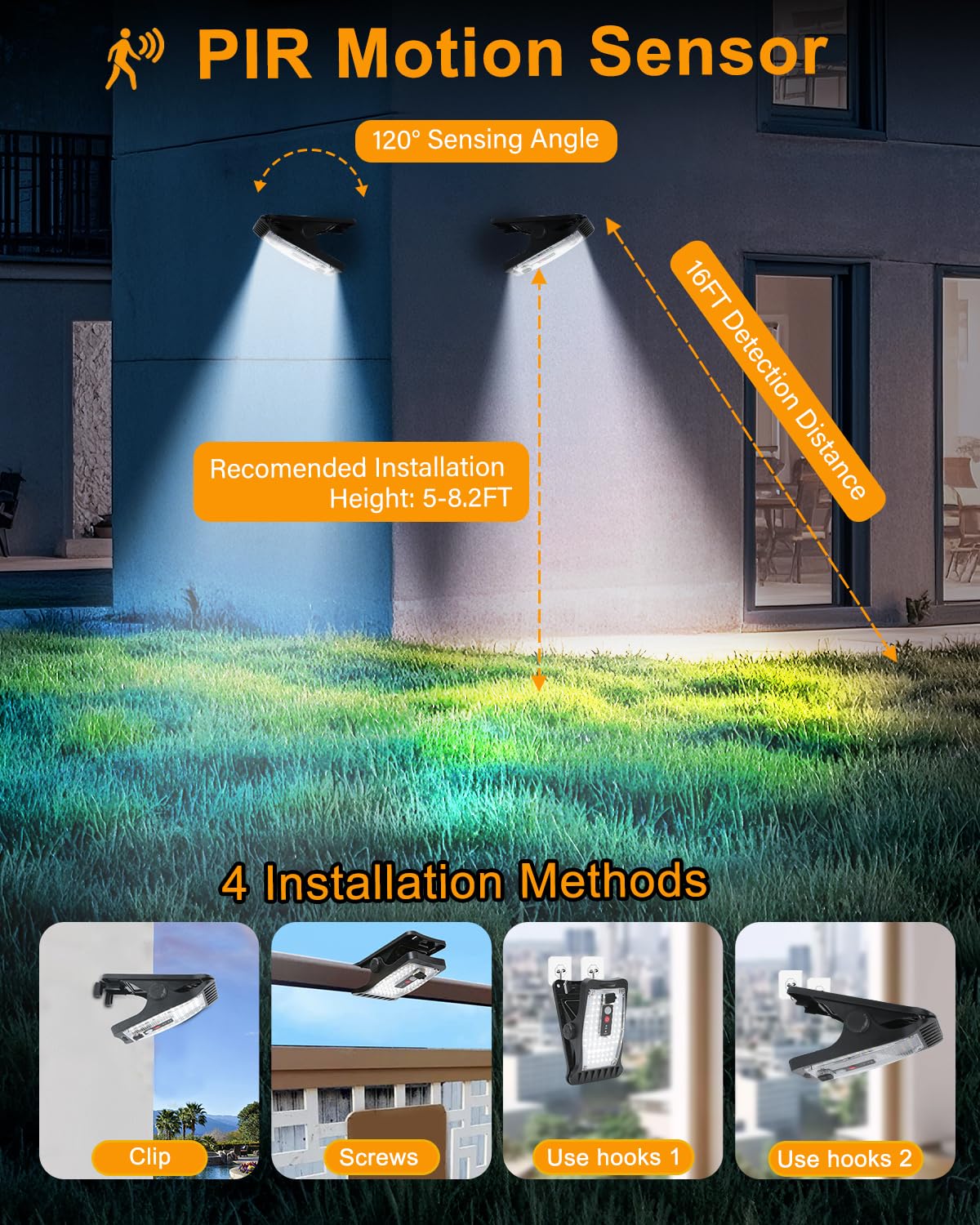 2 lámparas solares para exterior, 2 piezas de lámparas solares con clip con sensor de movimiento, 70 LED, 3 temperaturas de color, USB y control remoto, lámpara solar impermeable para valla